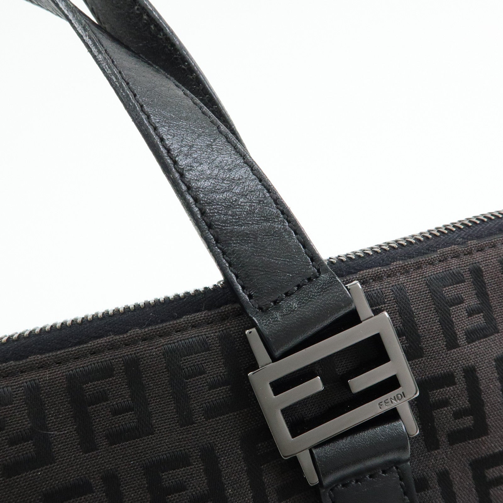 FENDI Zucchino Canvas Leather Tote Bag Hand Bag Black