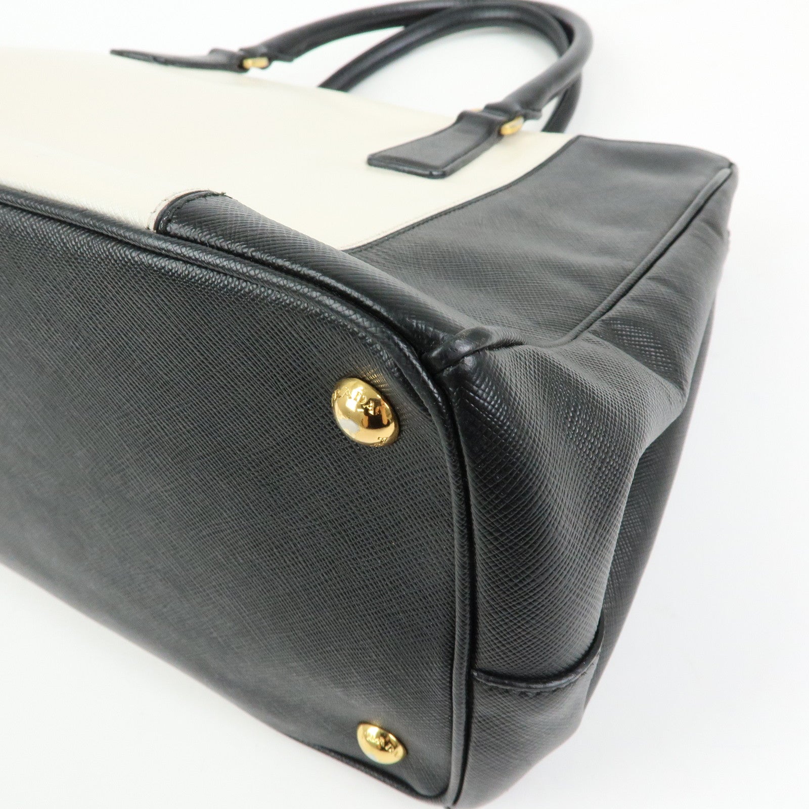 PRADA Triangle Logo Saffiano Leather Hand Bag Tote Bag Ivory Black