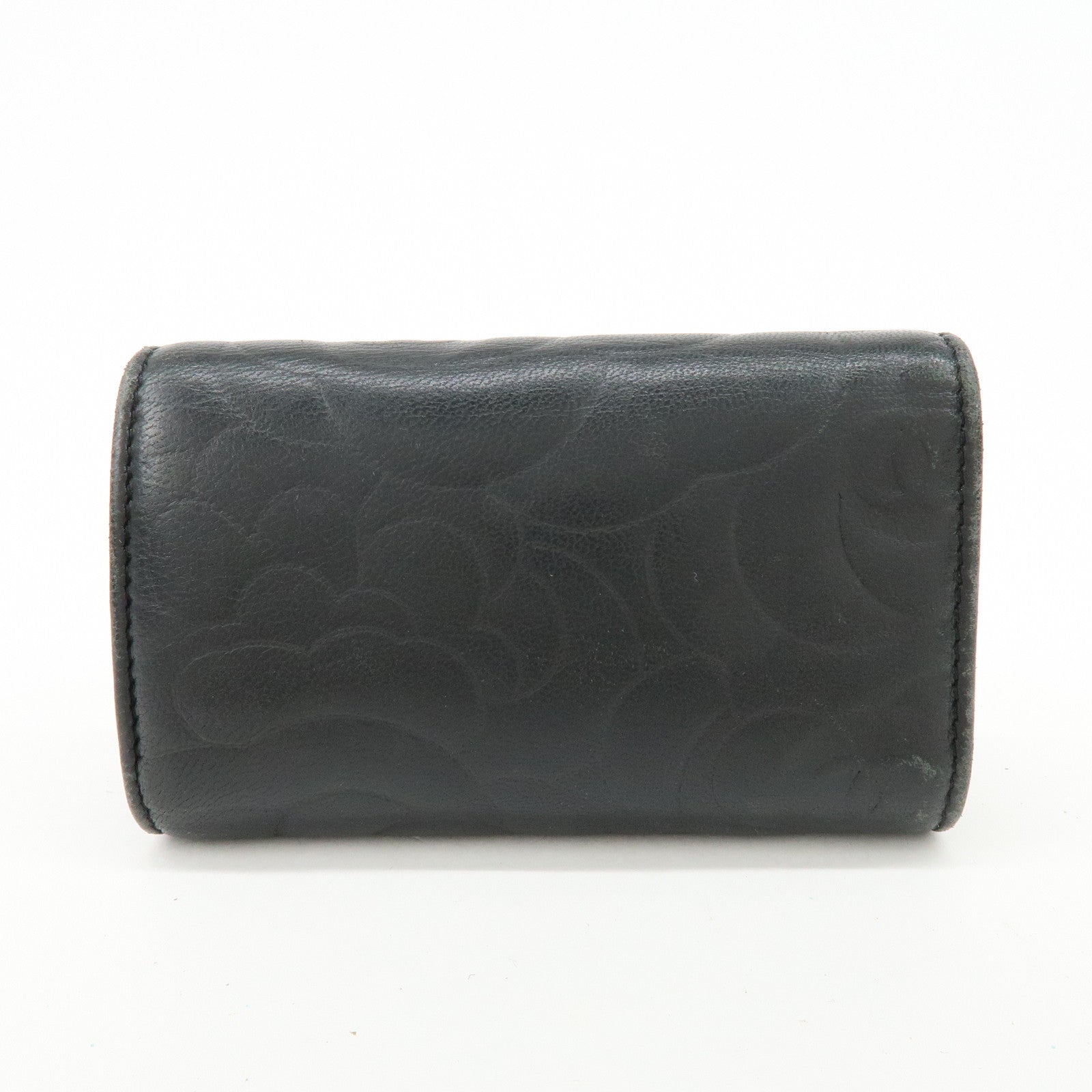 CHANEL Camelia Lamb Skin Leather Key Case Key Holder Black