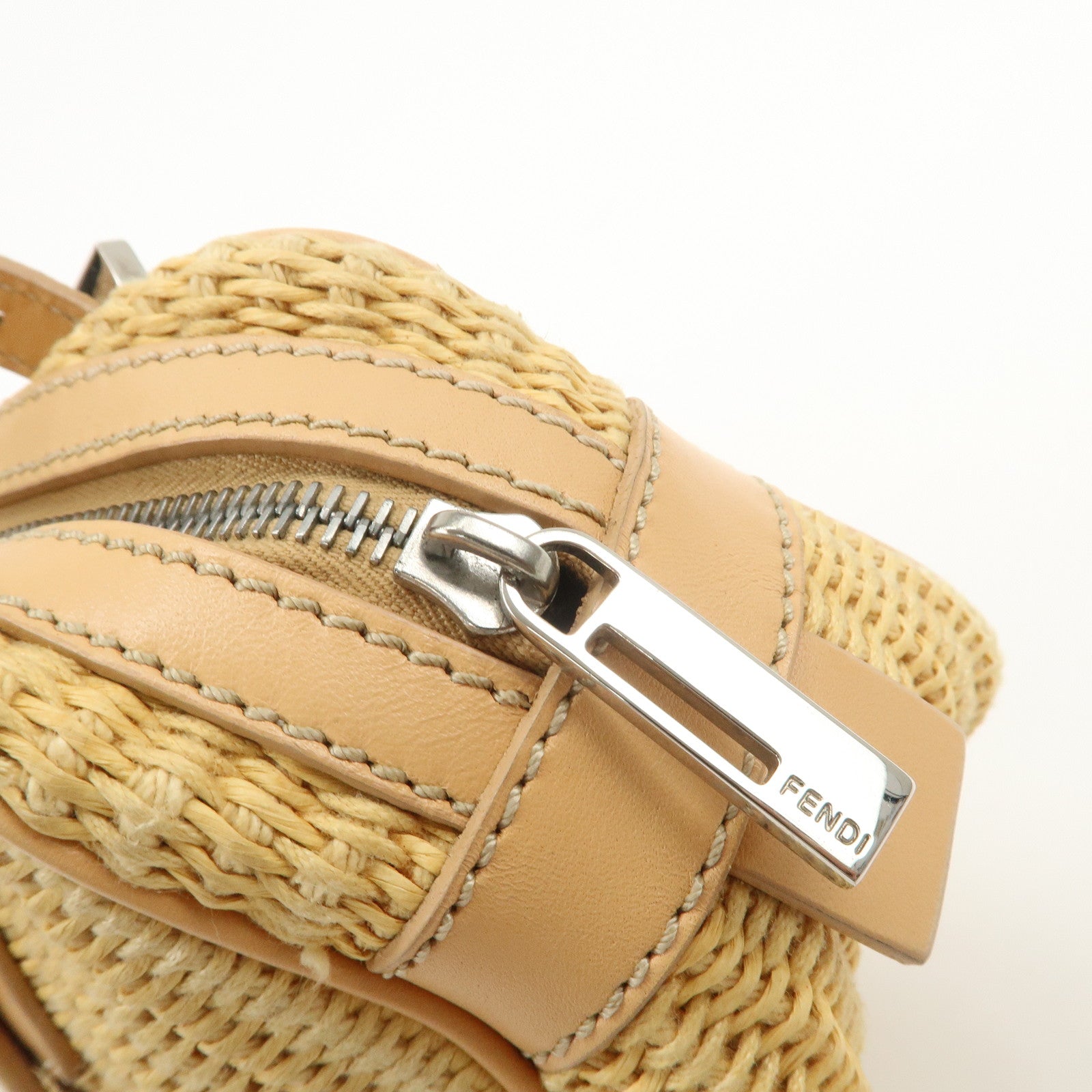 FENDI Raffia Leather Small Boston Hand Shoulder Bag Natural 8BN004