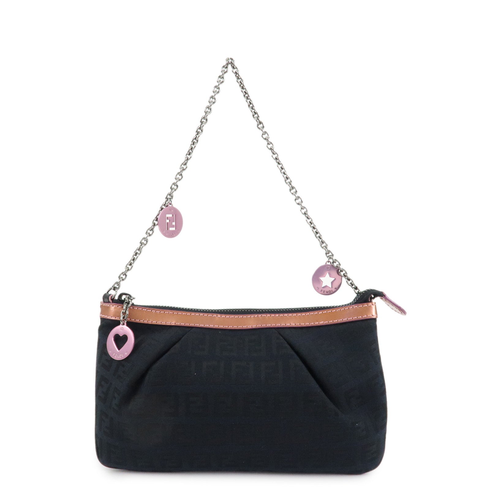 FENDI Zucchino Canvas Leather Chain Hand Bag Black Pink 8BR594 Used