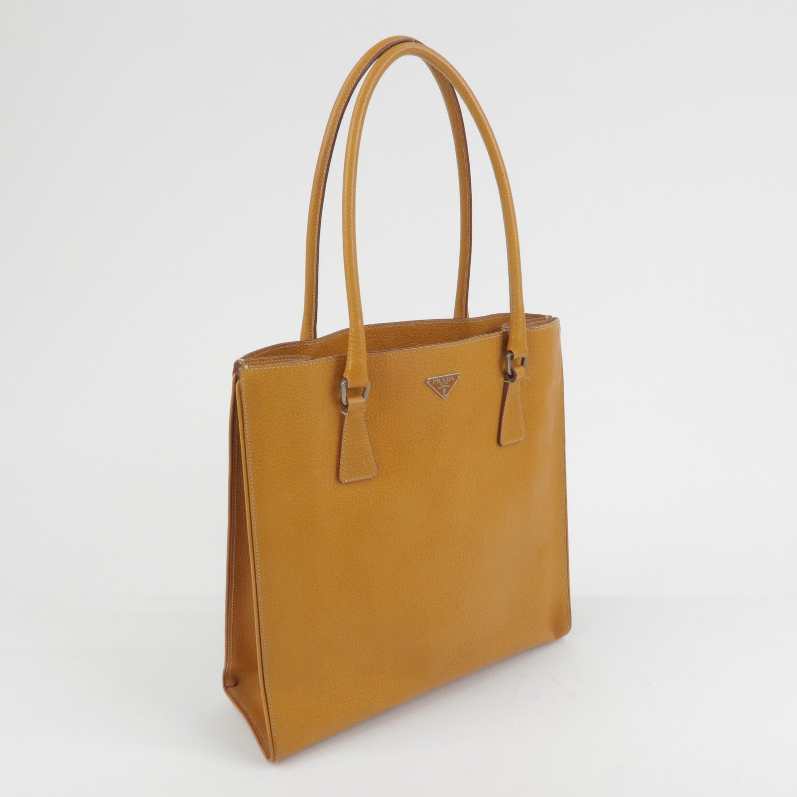 PRADA Triangle Logo Leather Tote Bag Shoulder Bag Light Brown