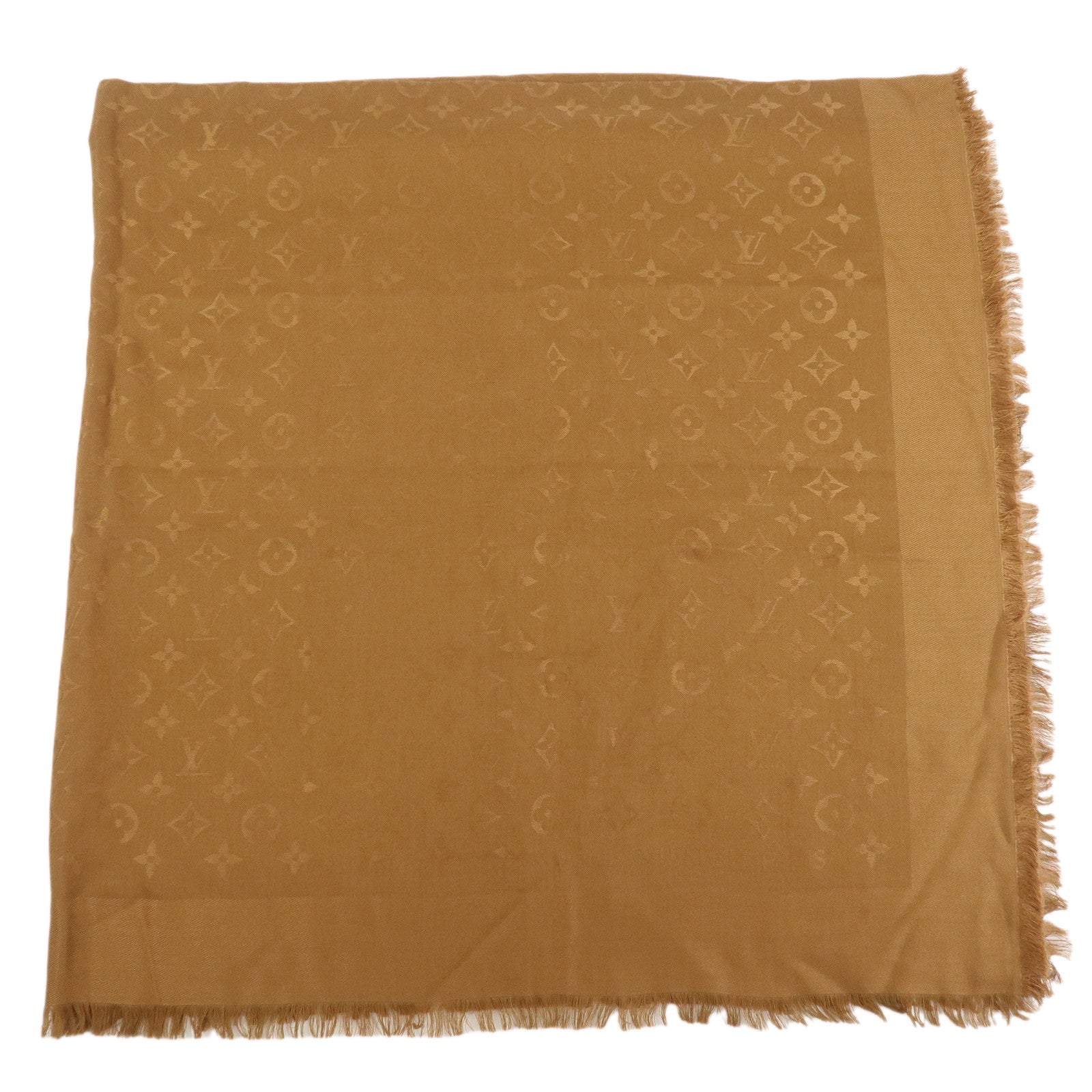 Louis Vuitton Monogram Silk Wool Shawl Scarf Light Brown M71155