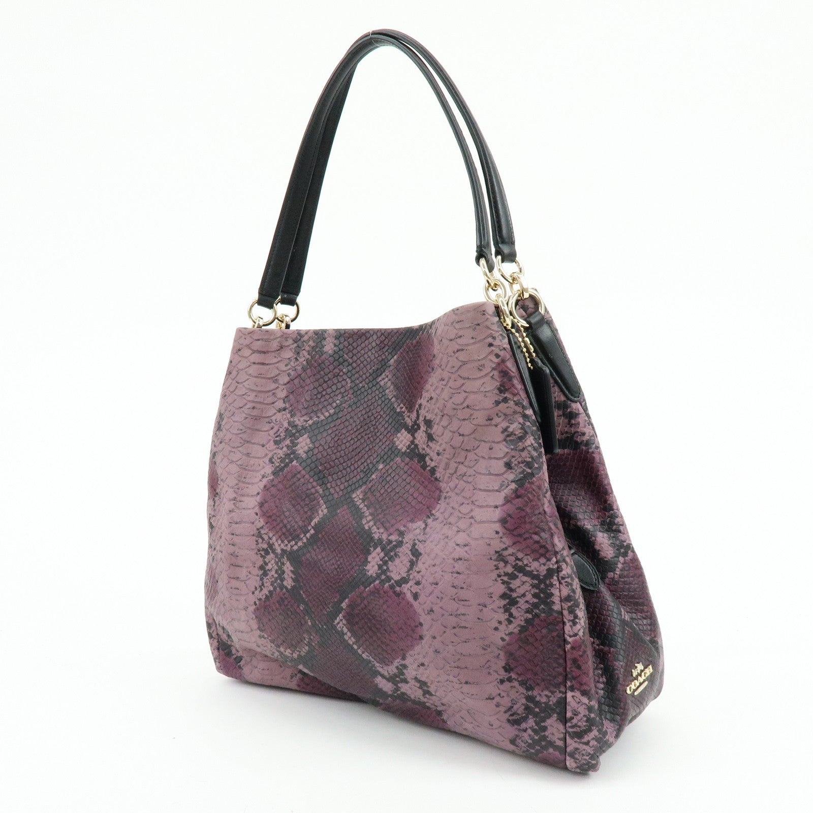 COACH Embossed Leather Python Print Shoulder Bag Purple Black