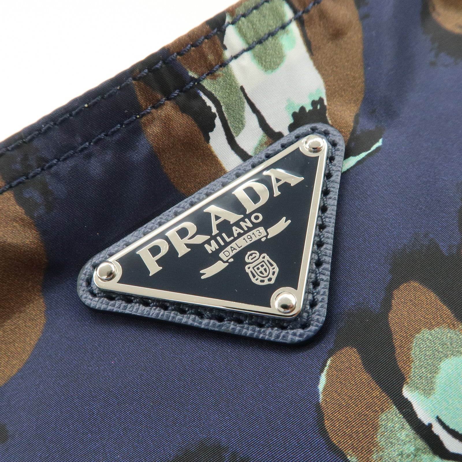 PRADA Triangle Logo Nylon Tote Bag w/Pouch Flower Print Navy B4626B Used