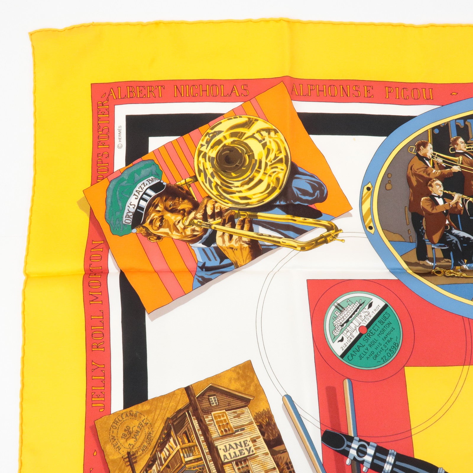 HERMES Carre90 Silk100% Scarf THE ORIGINAL NEW ORLEANS CREOLE JAZZ Used