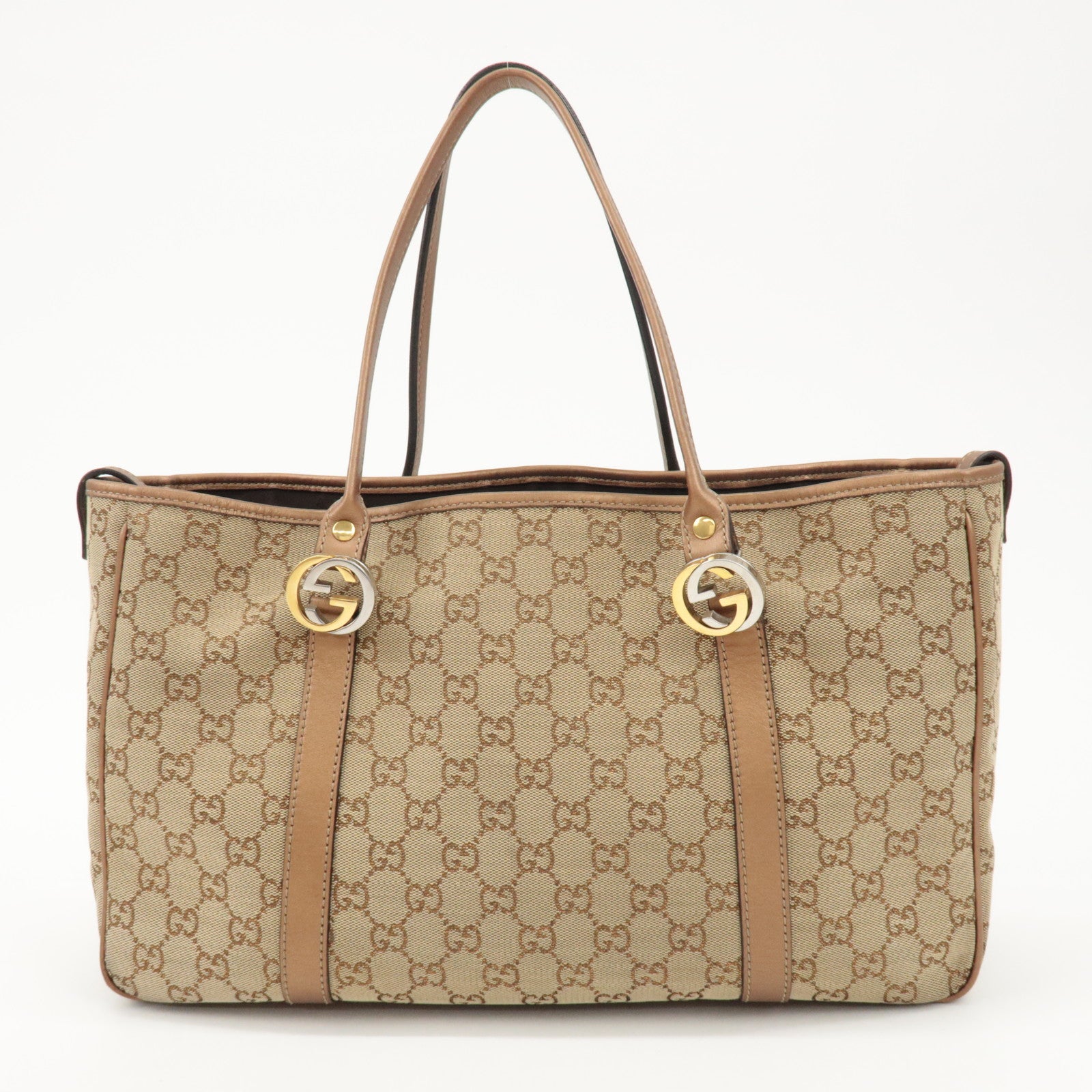 GUCCI GG Twins GG Canvas Leather Tote Bag Beige Bronze 232957 Used