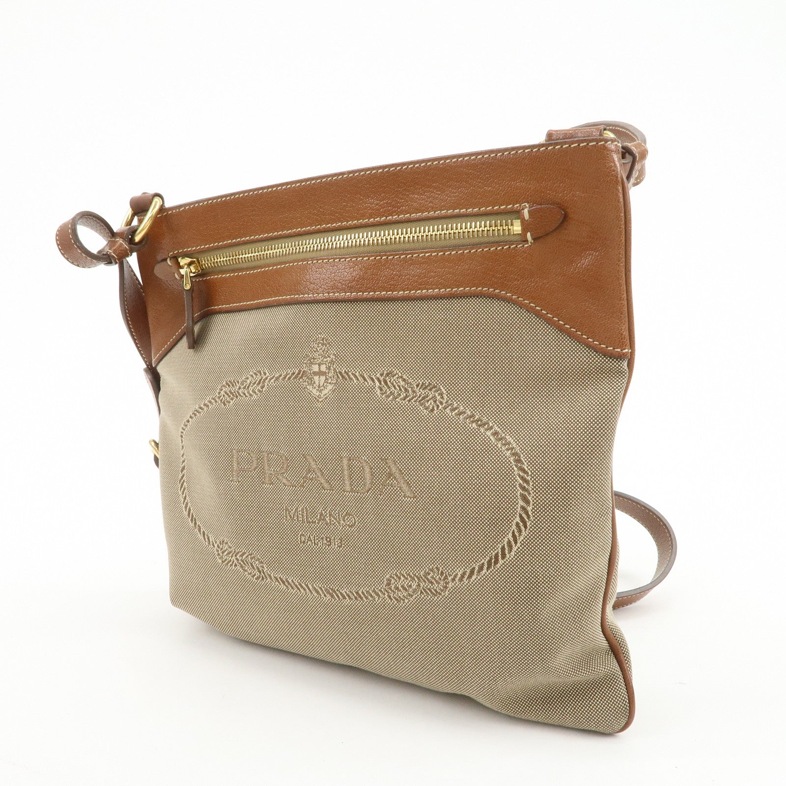 PRADA Logo Jacquard Leather Shoulder Bag Crossbody Bag Beige Brown