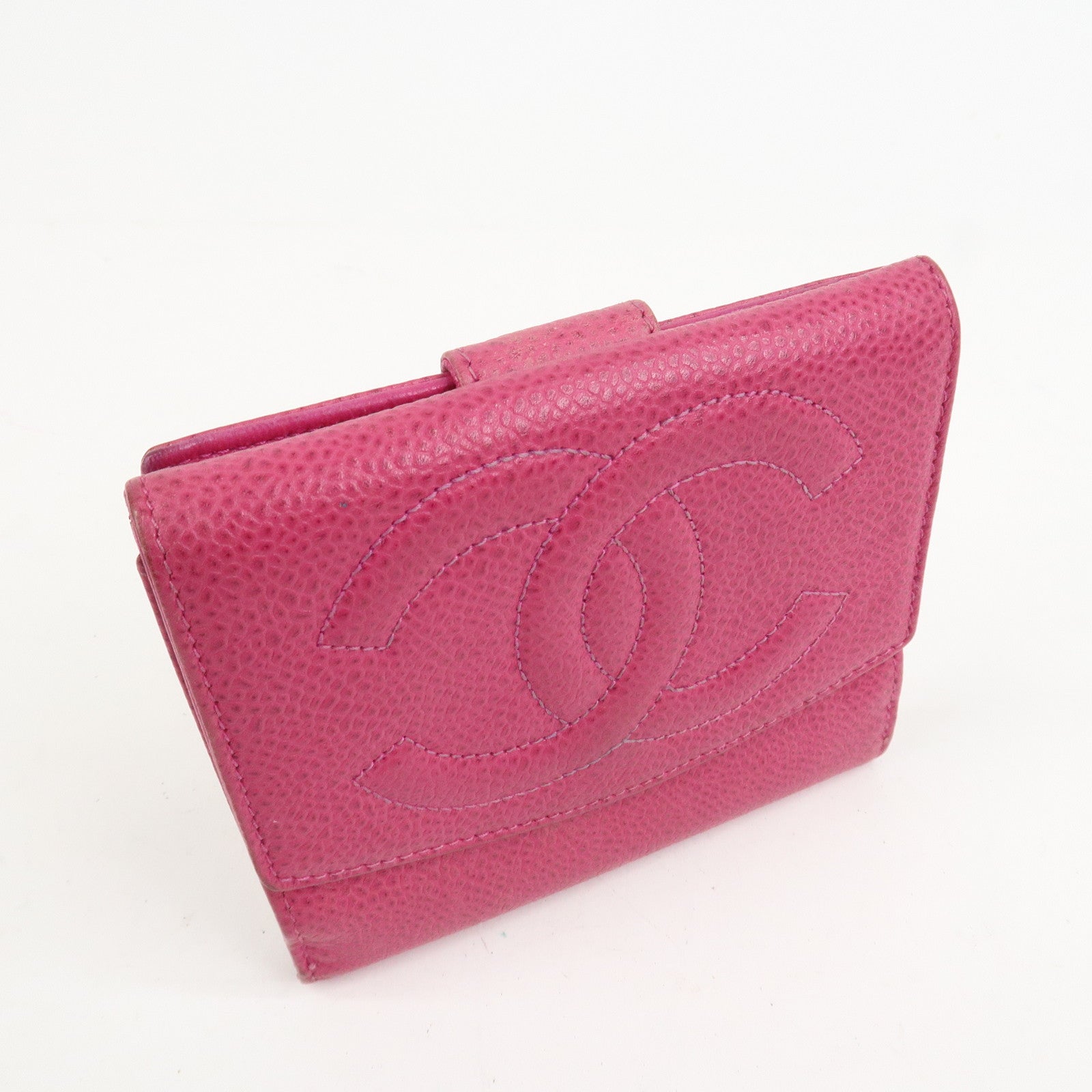 CHANEL COCO Mark Caviarskin Double Hook Bi-fold Wallet Pink