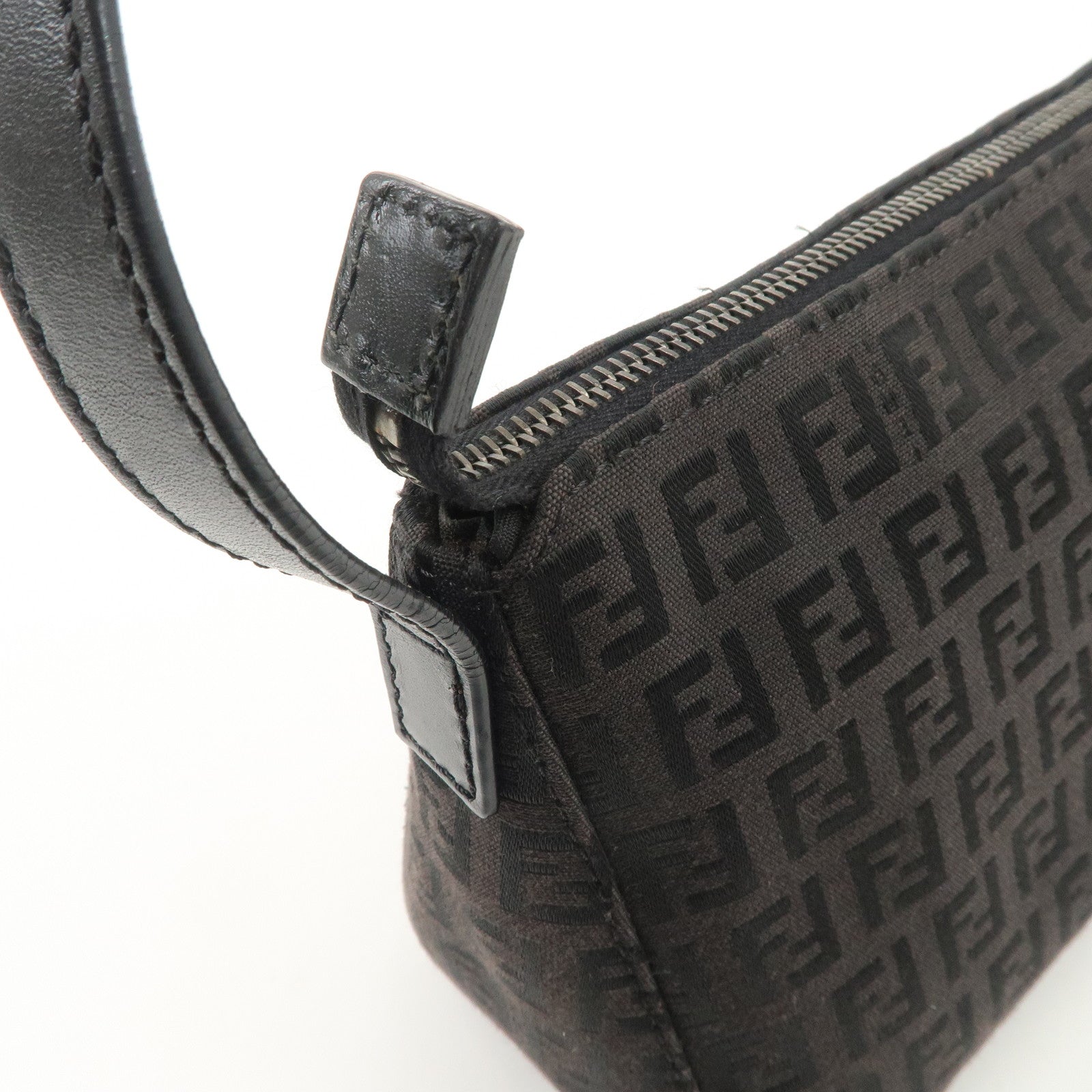 FENDI Zucchino Canvas Leather Shoulder Bag Black Brown 8BR444 Used