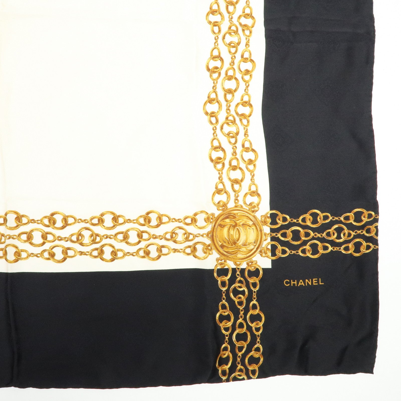CHANEL Silk 100% Scarf Gold Chain Motif Black White
