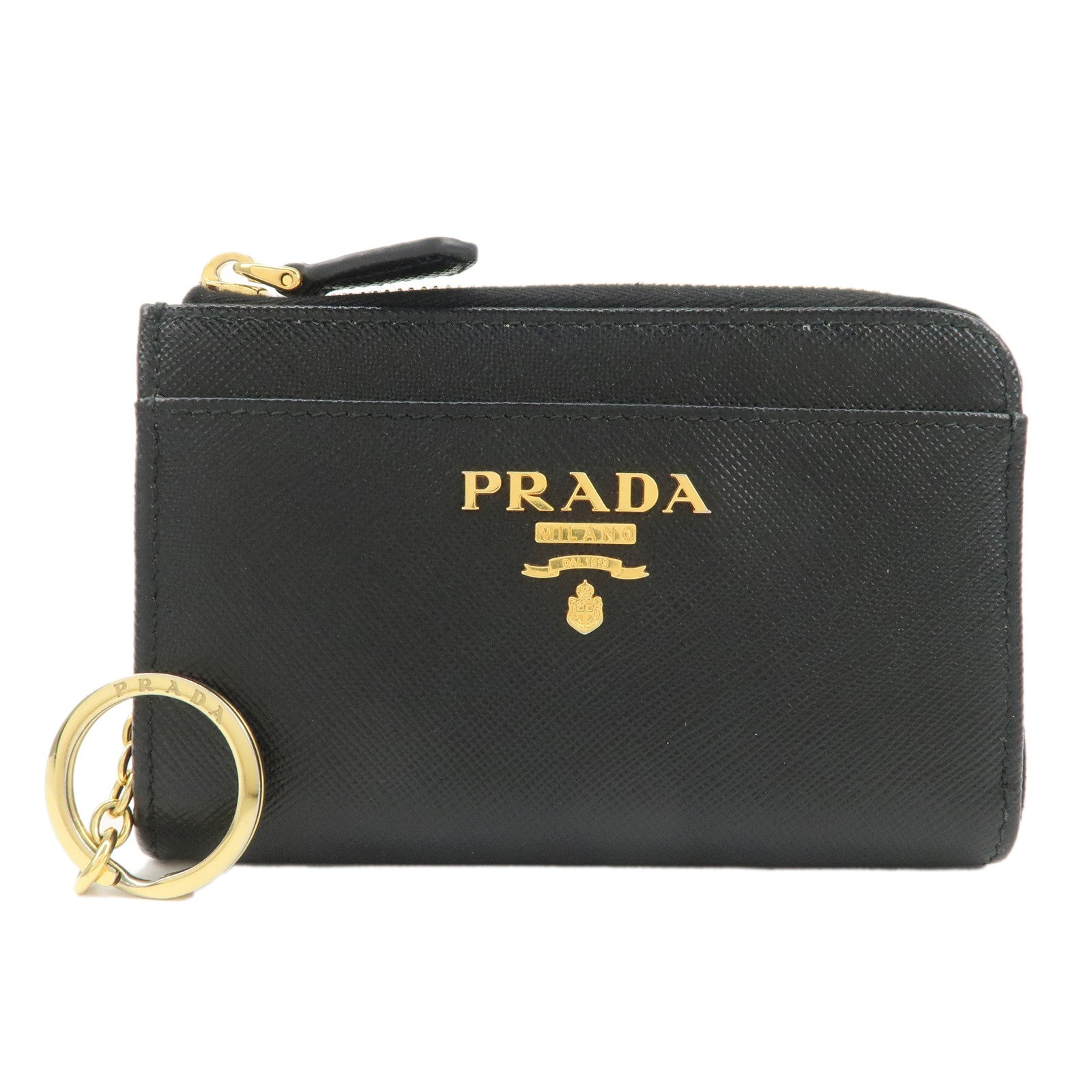 PRADA Triangle Logo Saffiano Leather Mini Wallet Key Ring Black 1PP122 Used