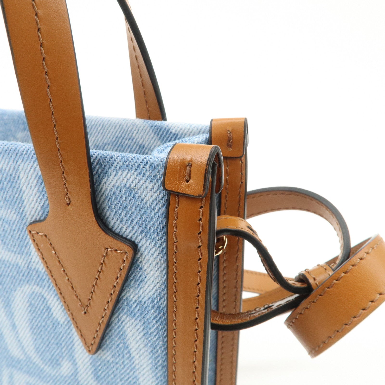 GIANNI VERSACE Leather Denim 2Way Hand Bag Shoulder Bag Blue Brown Used