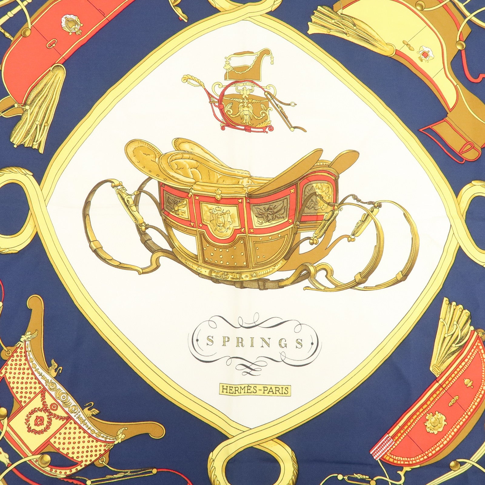 HERMES Carre 90 Silk 100% Scarf SPRINGS Navy