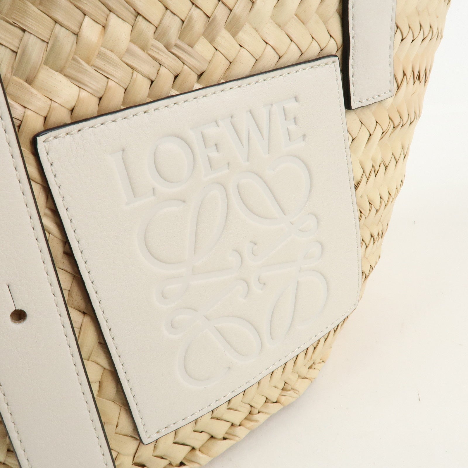 LOEWE Raffia Leather Small Basket Bag Hand Bag Natural White