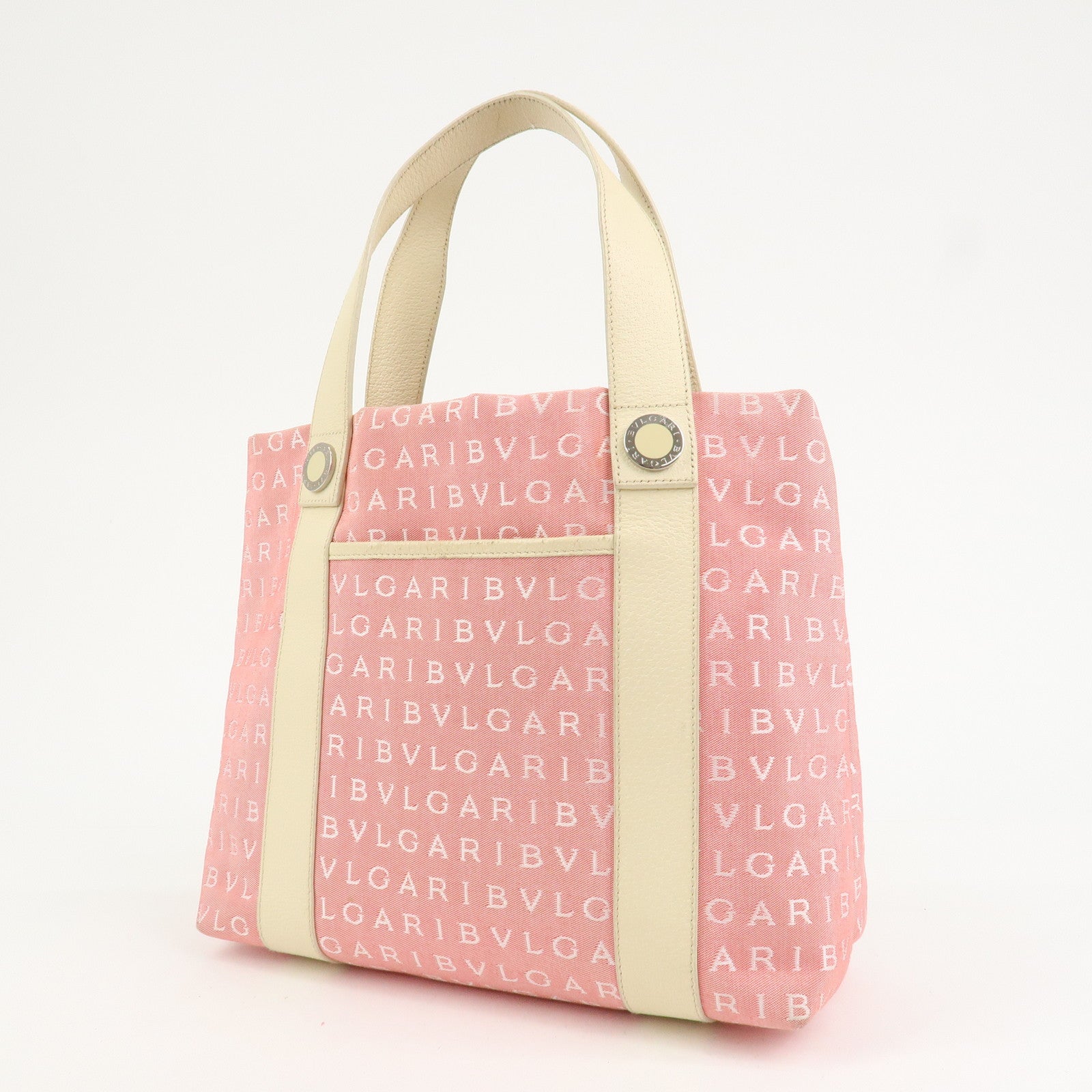 BVLGARI Logo Mania Canvas Leather Hand Bag Tote Bag Pink Ivory