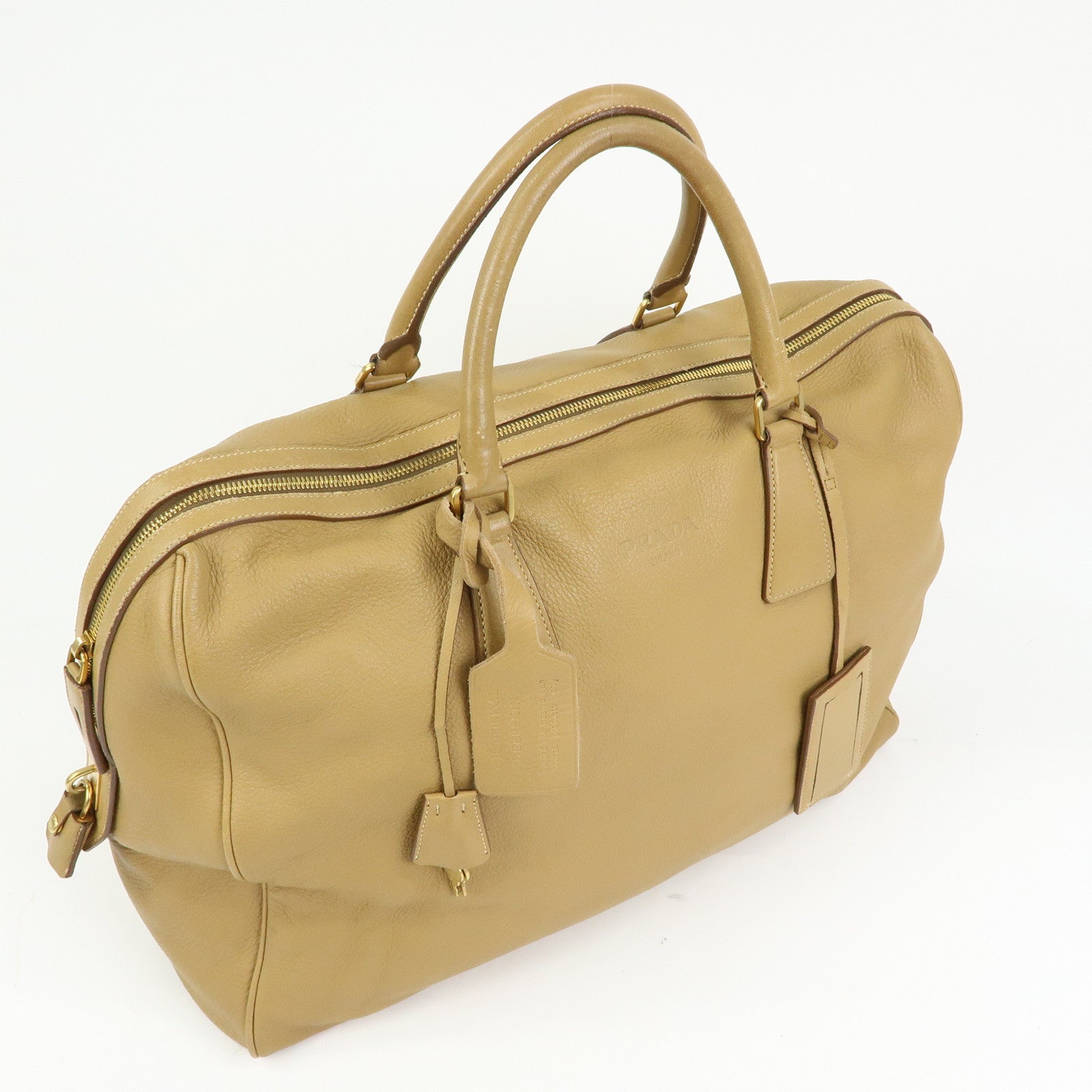 PRADA Logo Leather Boston Bag Hand Bag Travel Bag Brown