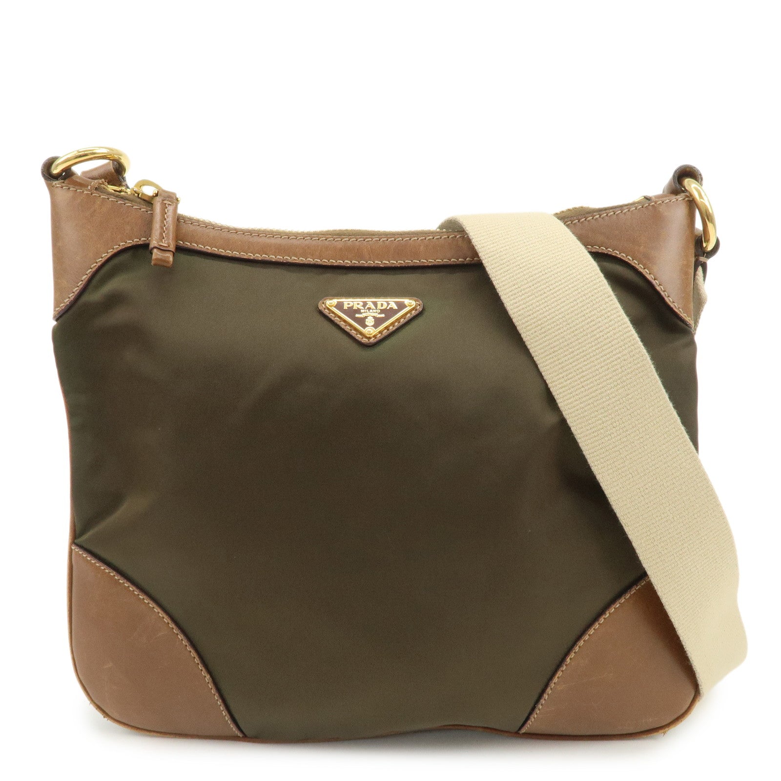 PRADA Triangle Logo Nylon Leather Crossbody Shoulder Bag Khaki