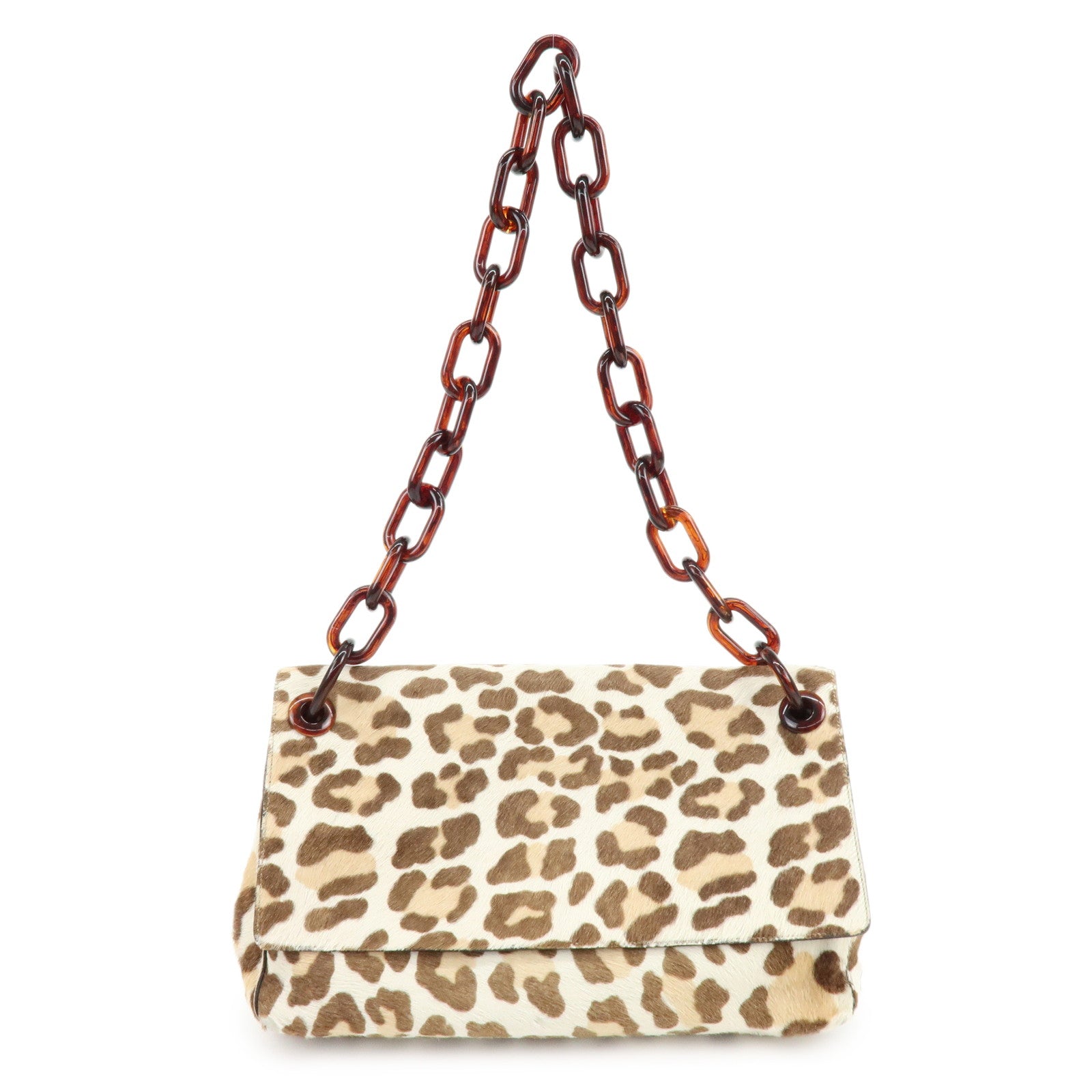 PRADA Triangle Logo Haircalf Plastic Chain Shoulder Bag Beige Brown