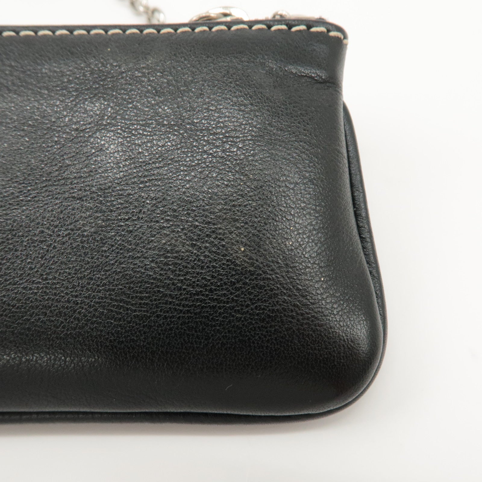 Christian Dior CD Logo Leather Coin Case Key Case Silver HDW Black Used