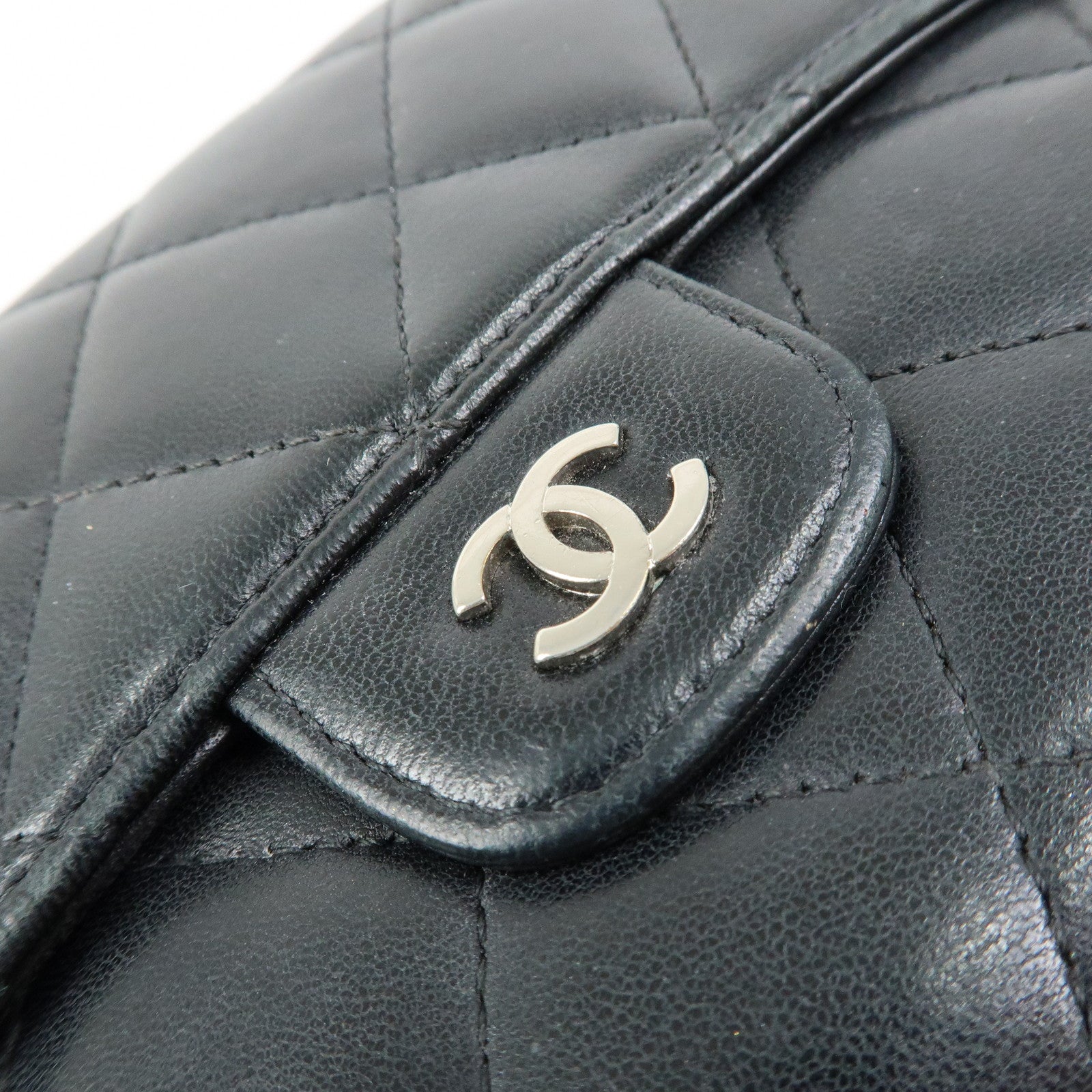 CHANEL Matelasse Lamb Skin Long Flap Wallet Black Silver A82281