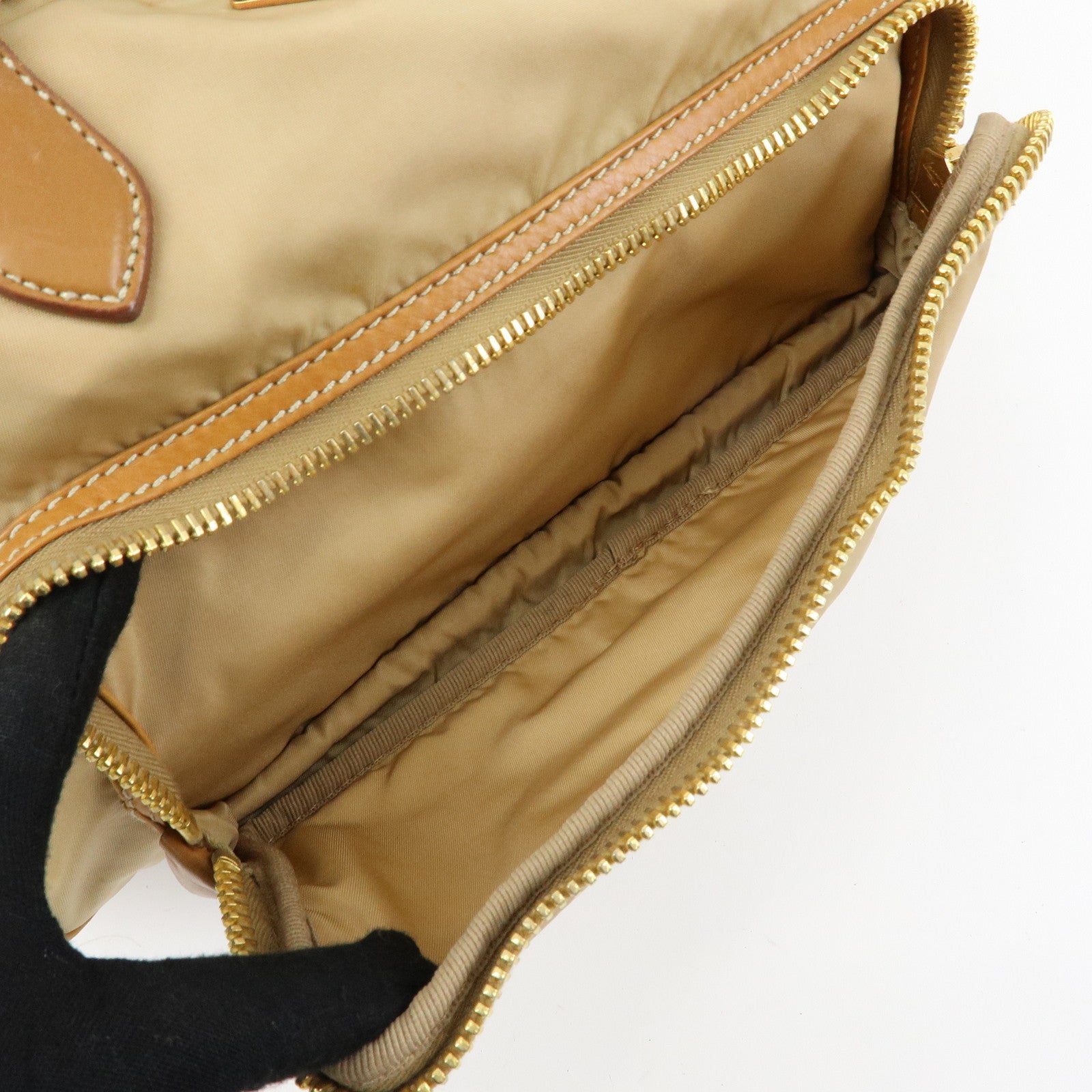 PRADA Triangle Logo Nylon Leather Shoulder Hand Bag Beige Brown