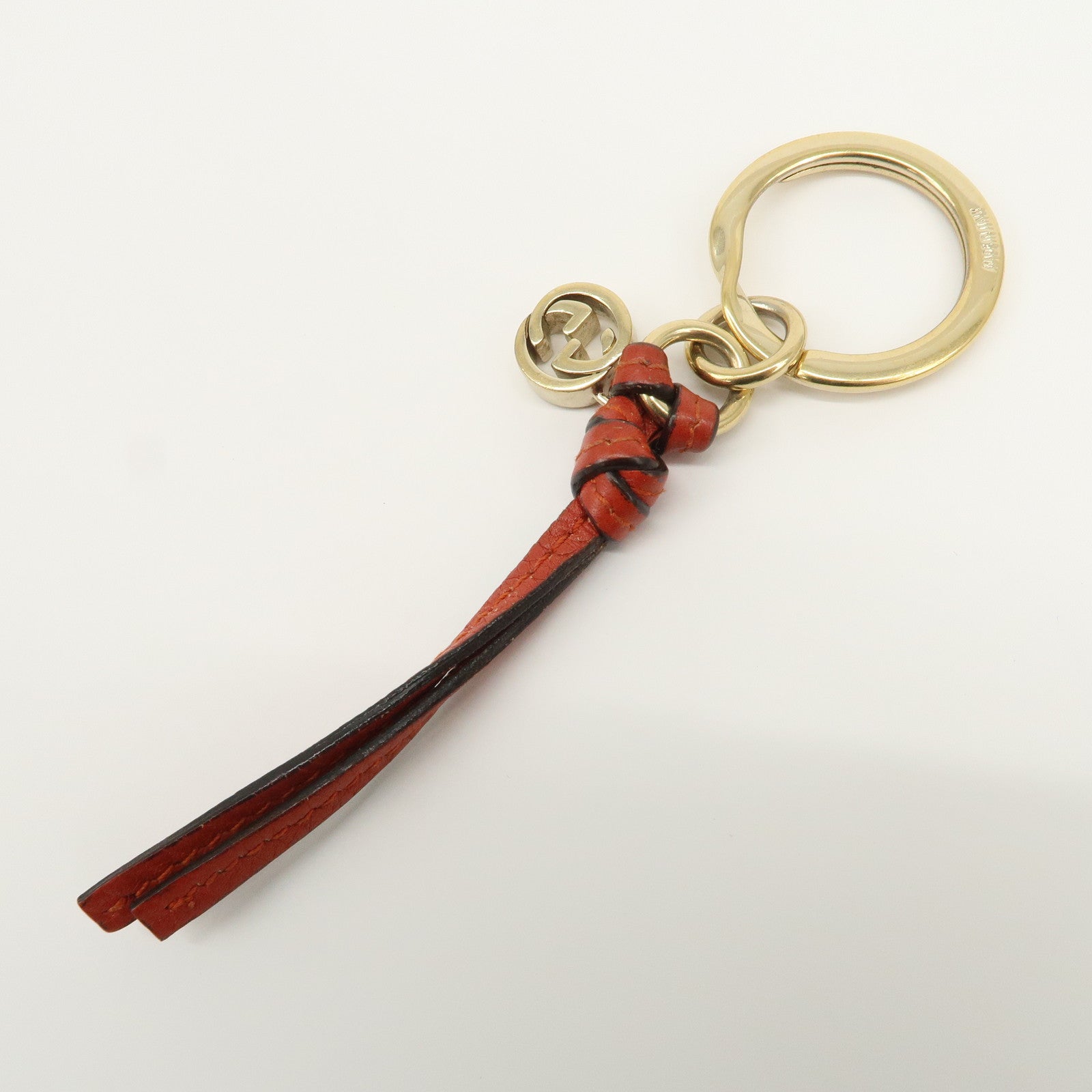 GUCCI Interlocking G Leather Metal Bag Charm Key Chain Orange Gold