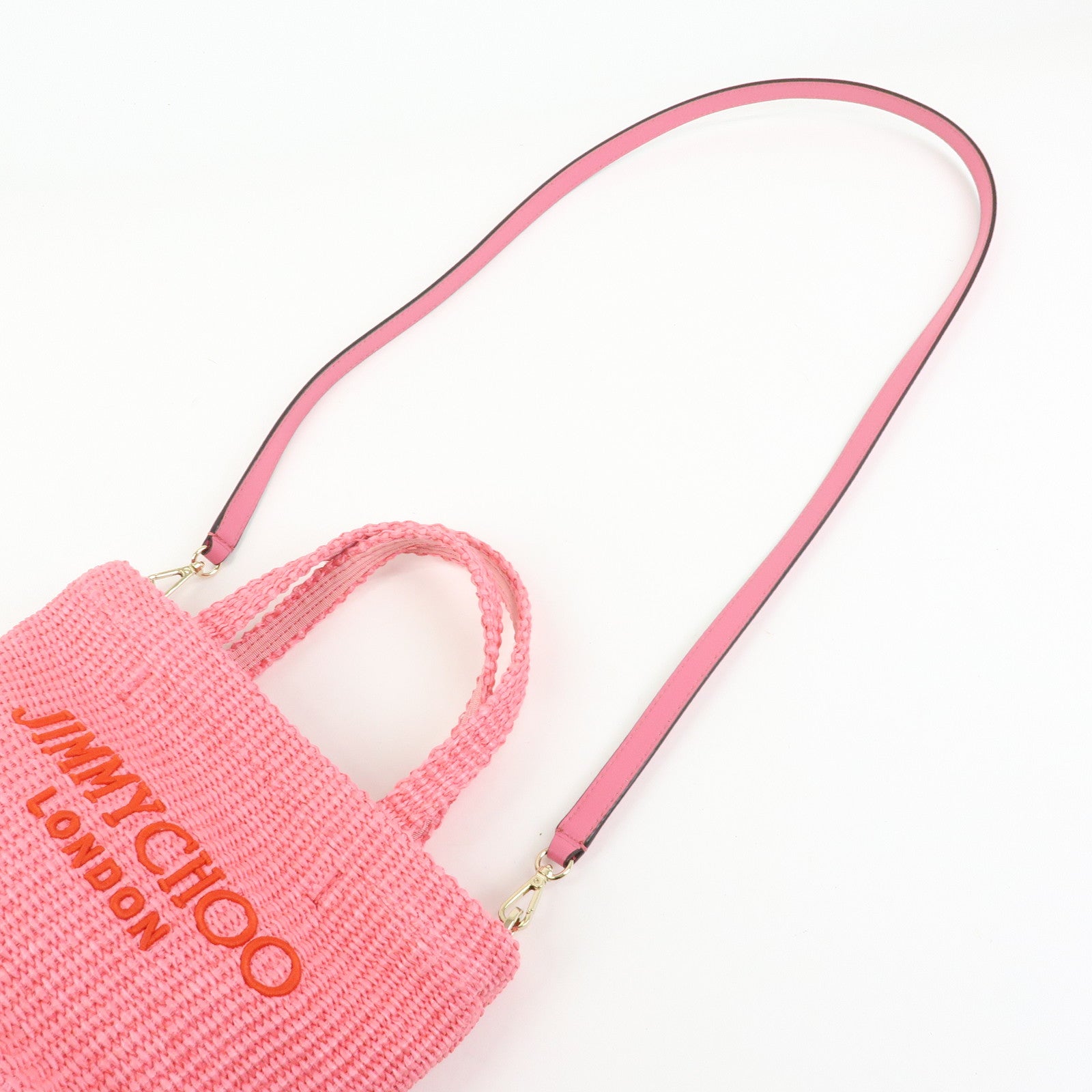 JIMMY CHOO Raffia Leather Beach Tote East West Mini 2Way Bag Pink