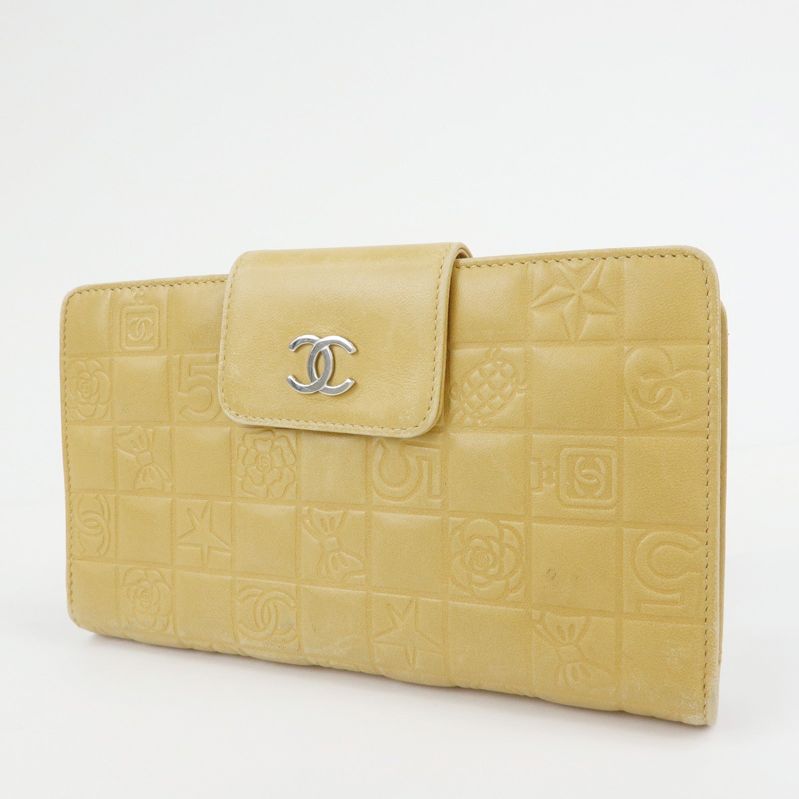 CHANEL Chocolate Bar Lamb Skin Long Wallet Yellow Beige A82281