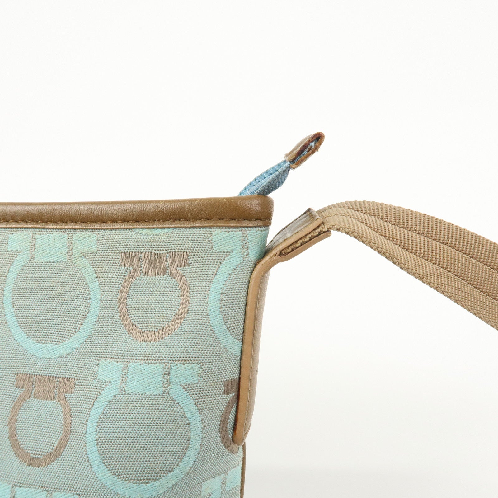 Ferragamo Gancini Logo Canvas Leather Shoulder Bag Light Blue Brown