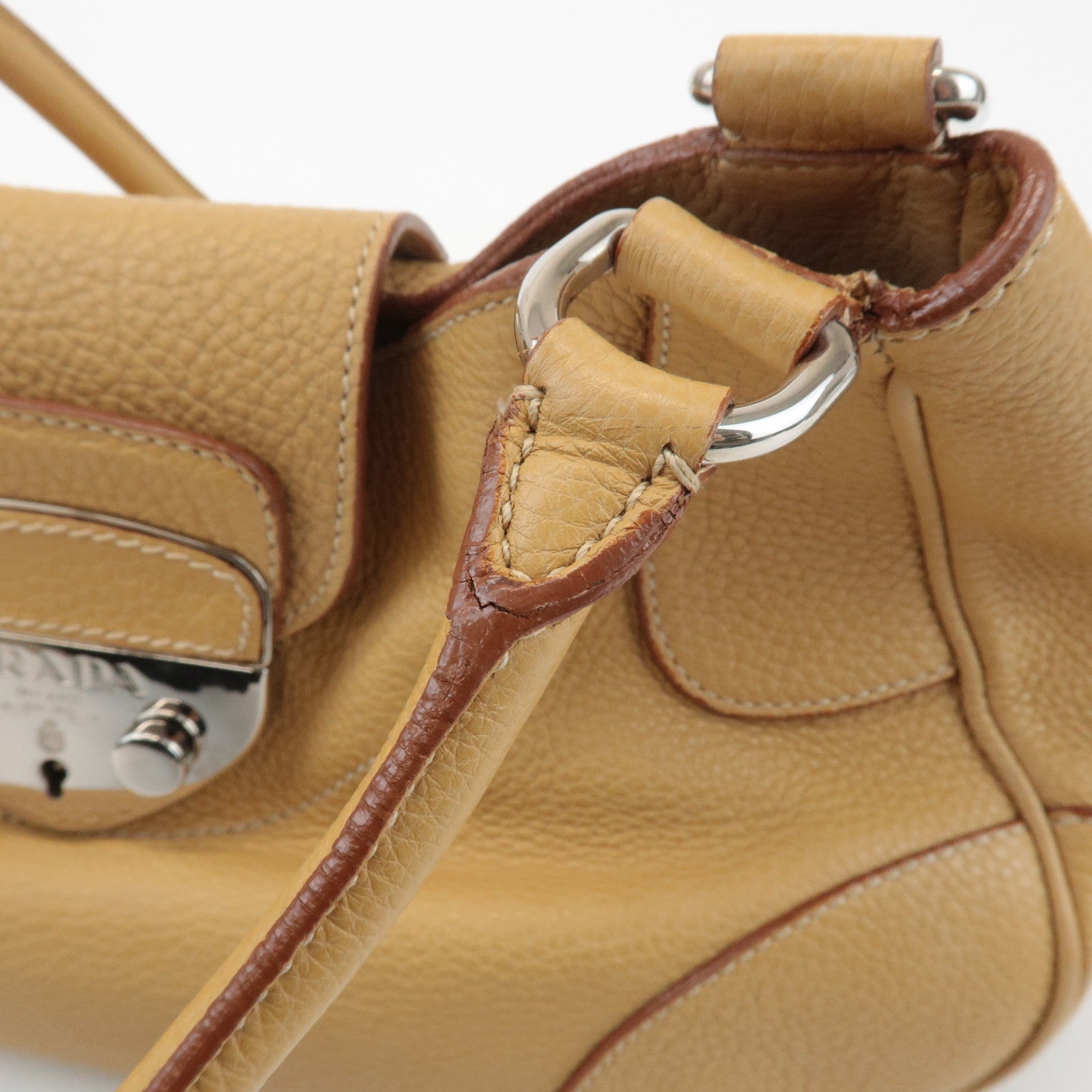 PRADA Leather Shoulder Bag Hand Bag Beige Silver HDW Used