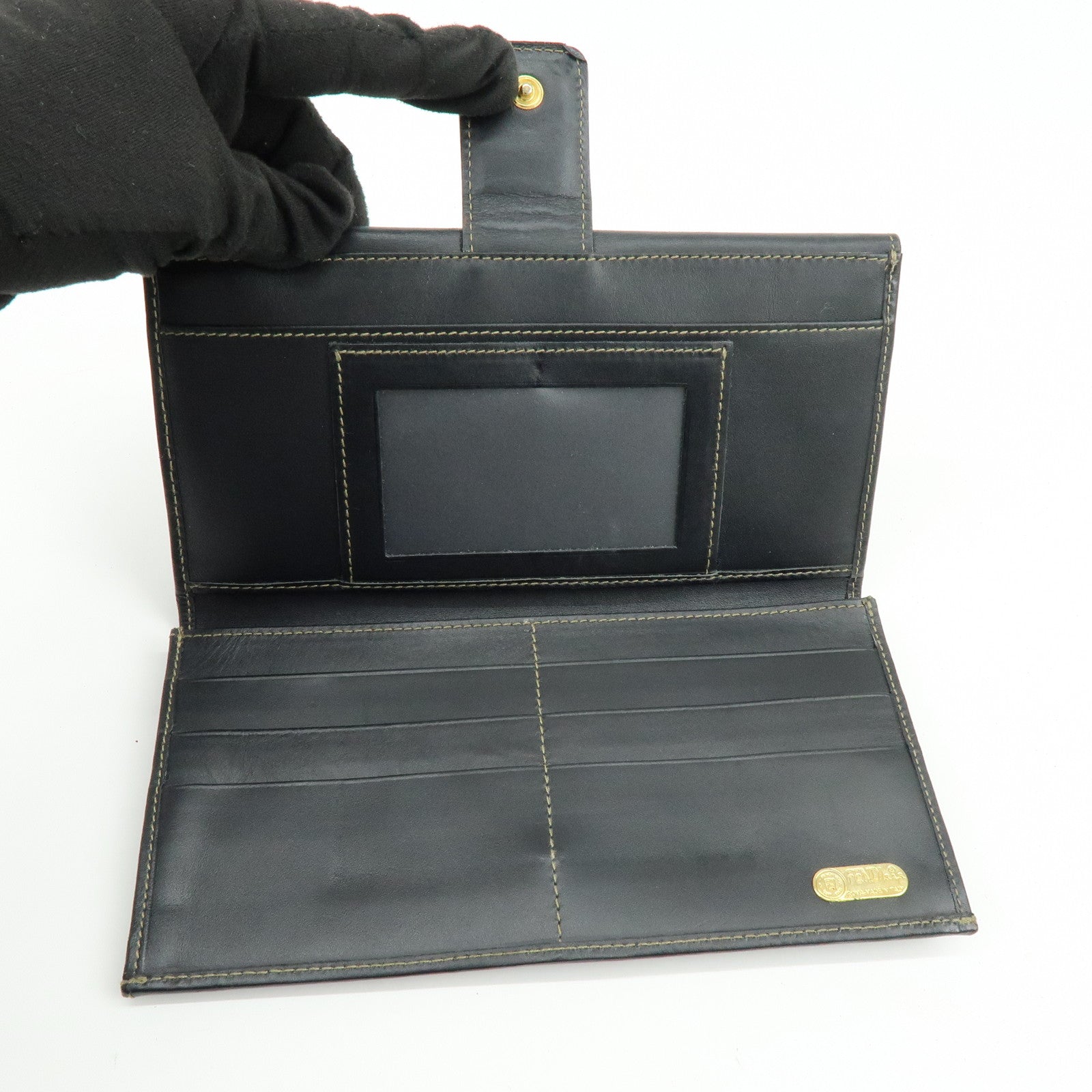 FENDI Pequin Leather PVC Long Wallet Beige Black 30806