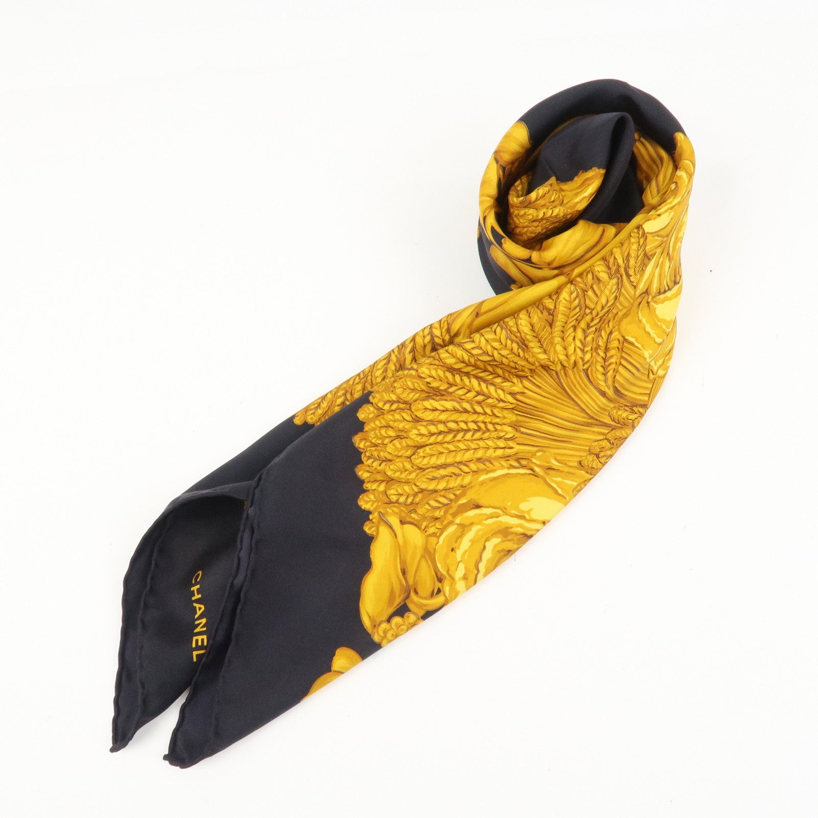CHANEL Silk 100% Flower Chain Print Scarf Black Gold