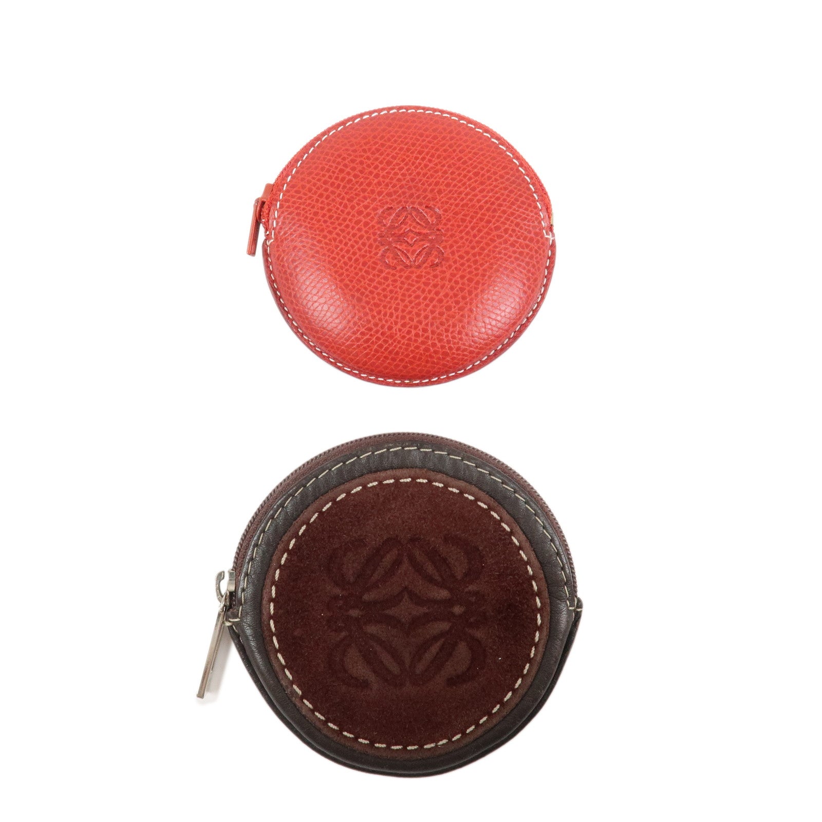 LOEWE Set of 2 Leather Suede Coin Case Red Brown