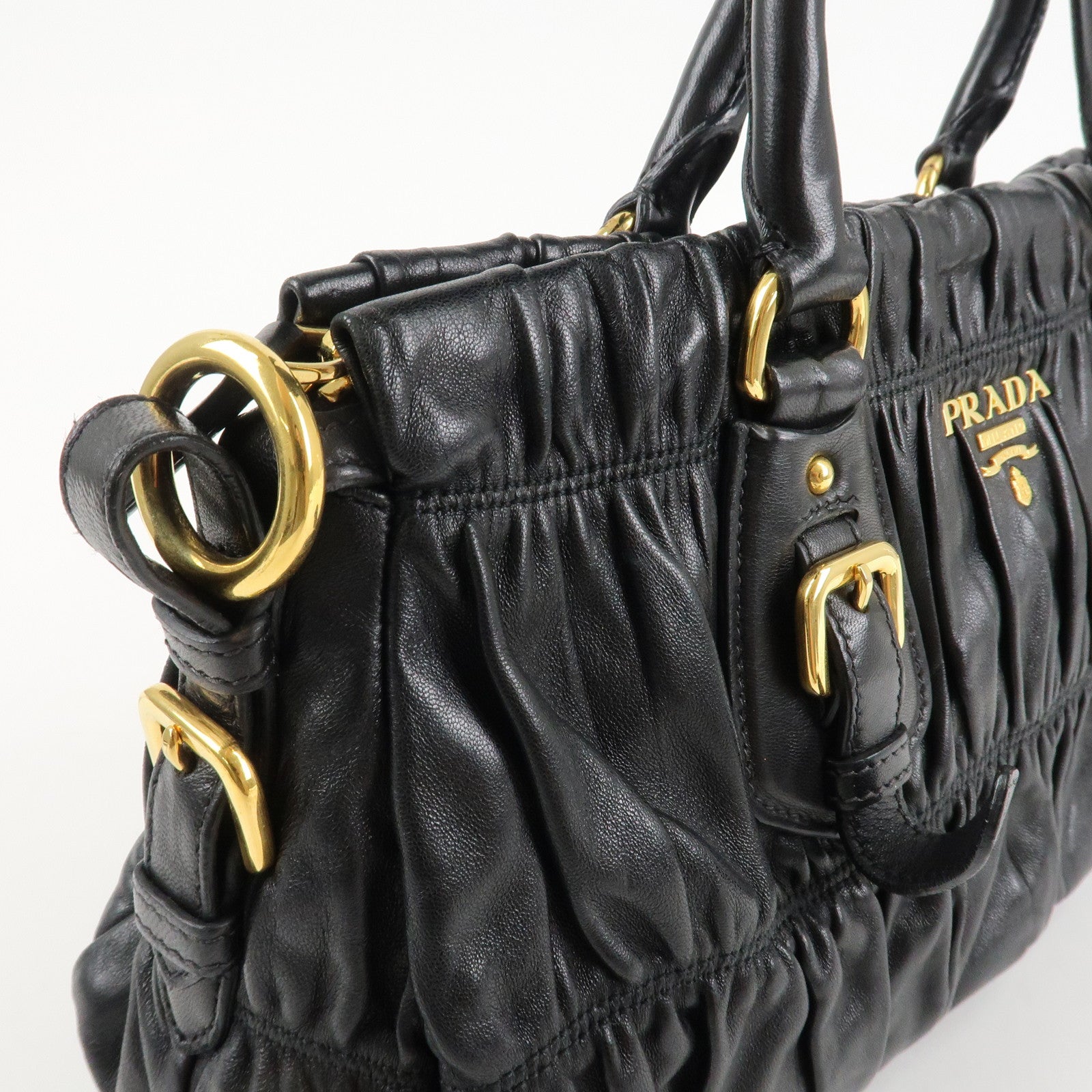 PRADA Logo Leather 2WAY Tote Bag Hand Bag Black Gold HDW B11091 Used