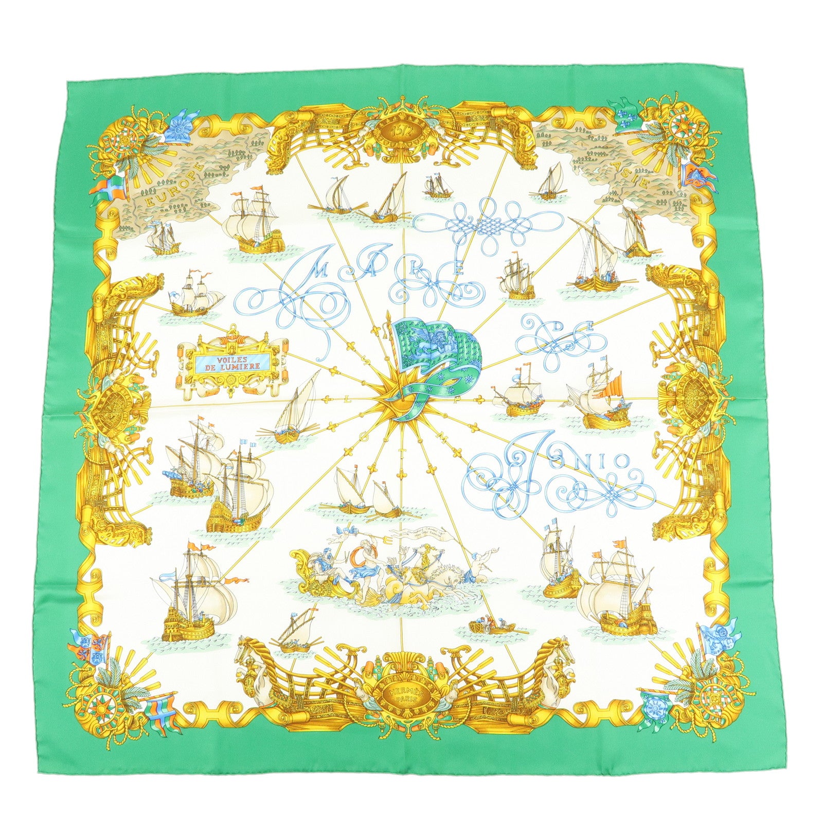 HERMES Carre 90 Silk 100% Scarf VOILES DE LUMIERE Gold Green
