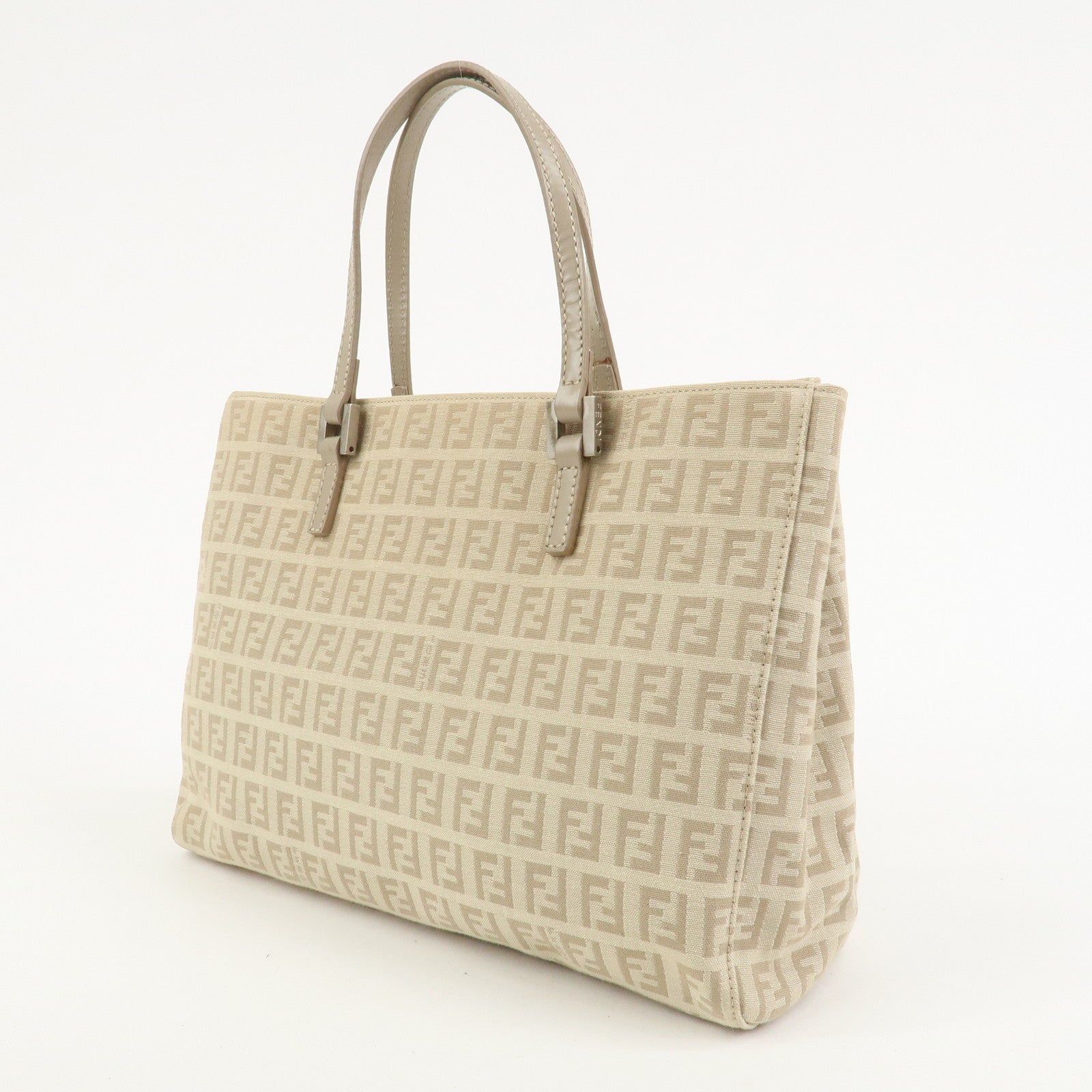 FENDI Zucchino Canvas Leather Tote Bag Hand Bag Beige 8BH072