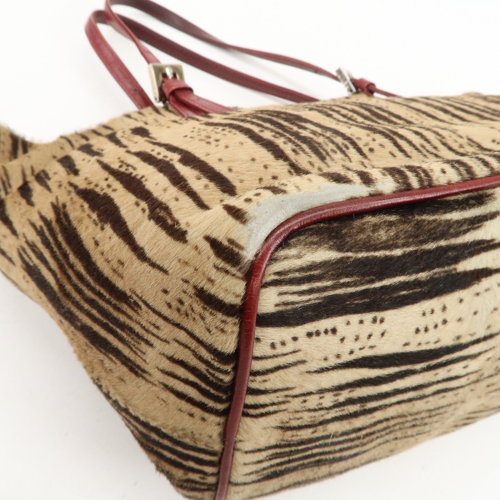 FENDI Calf Hair Leather Tote Bag Hand Bag Beige Red 26634