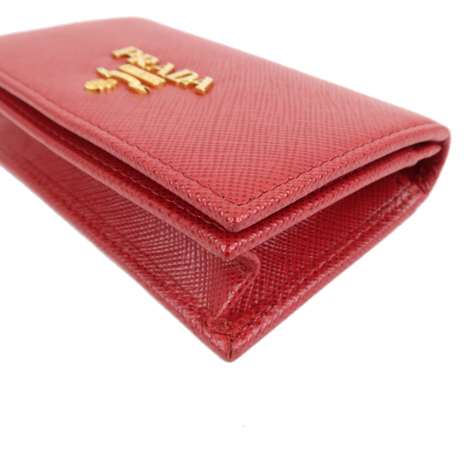 PRADA Logo Saffiano Leather Card Case Red Gold 1MC122