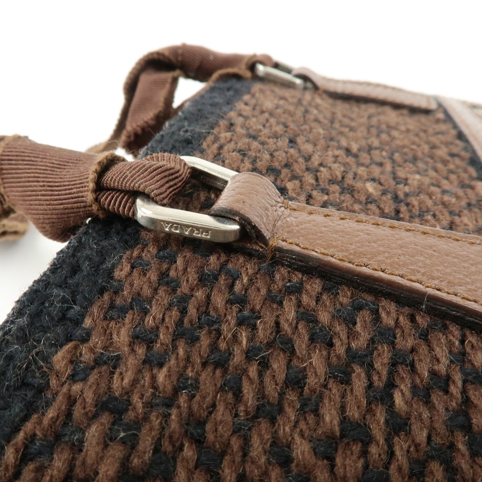 PRADA Triangle Logo Tweed Canvas Hand Bag Brown Black B11268
