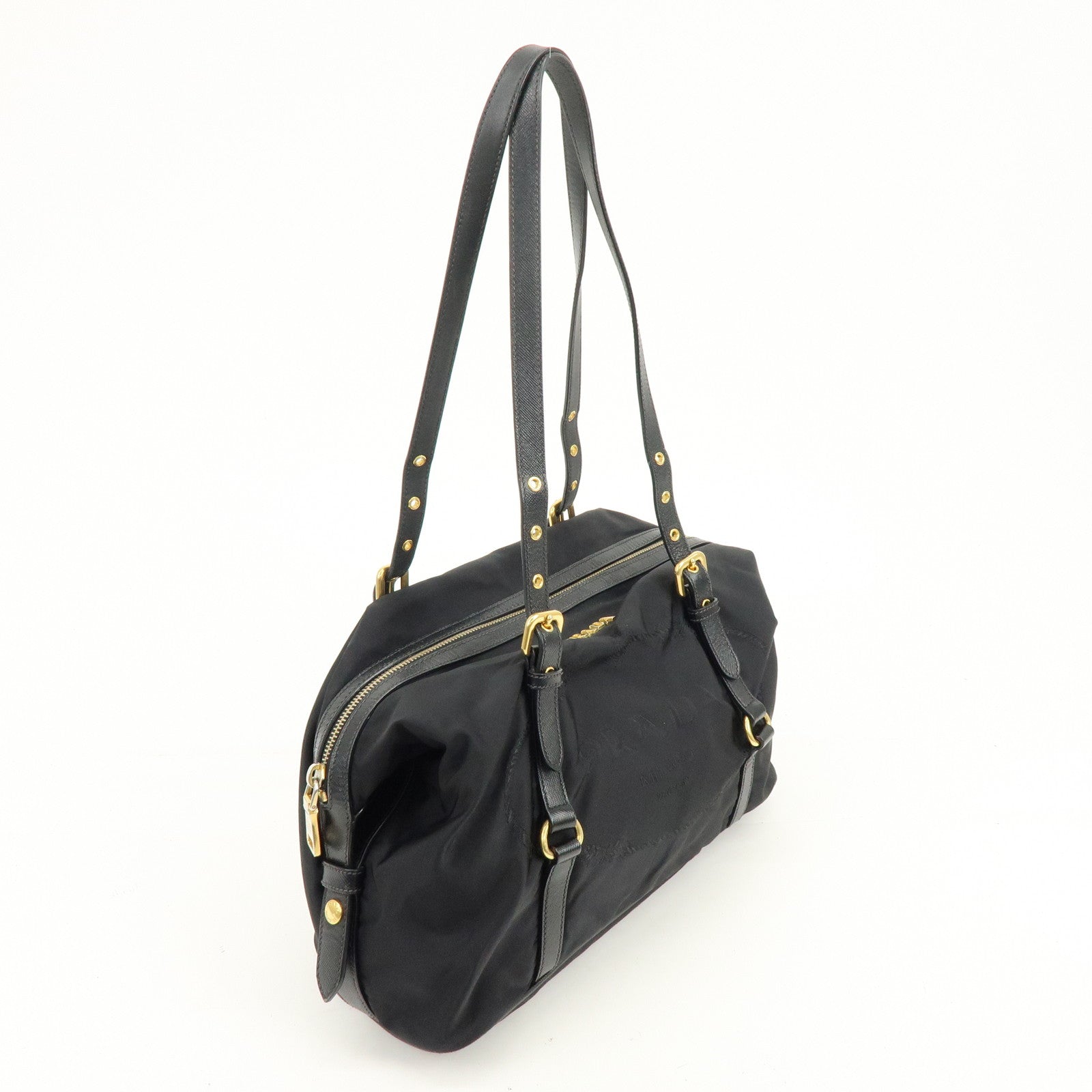 PRADA Logo Nylon Leather Boston Bag Shoulder Bag Black BL0600