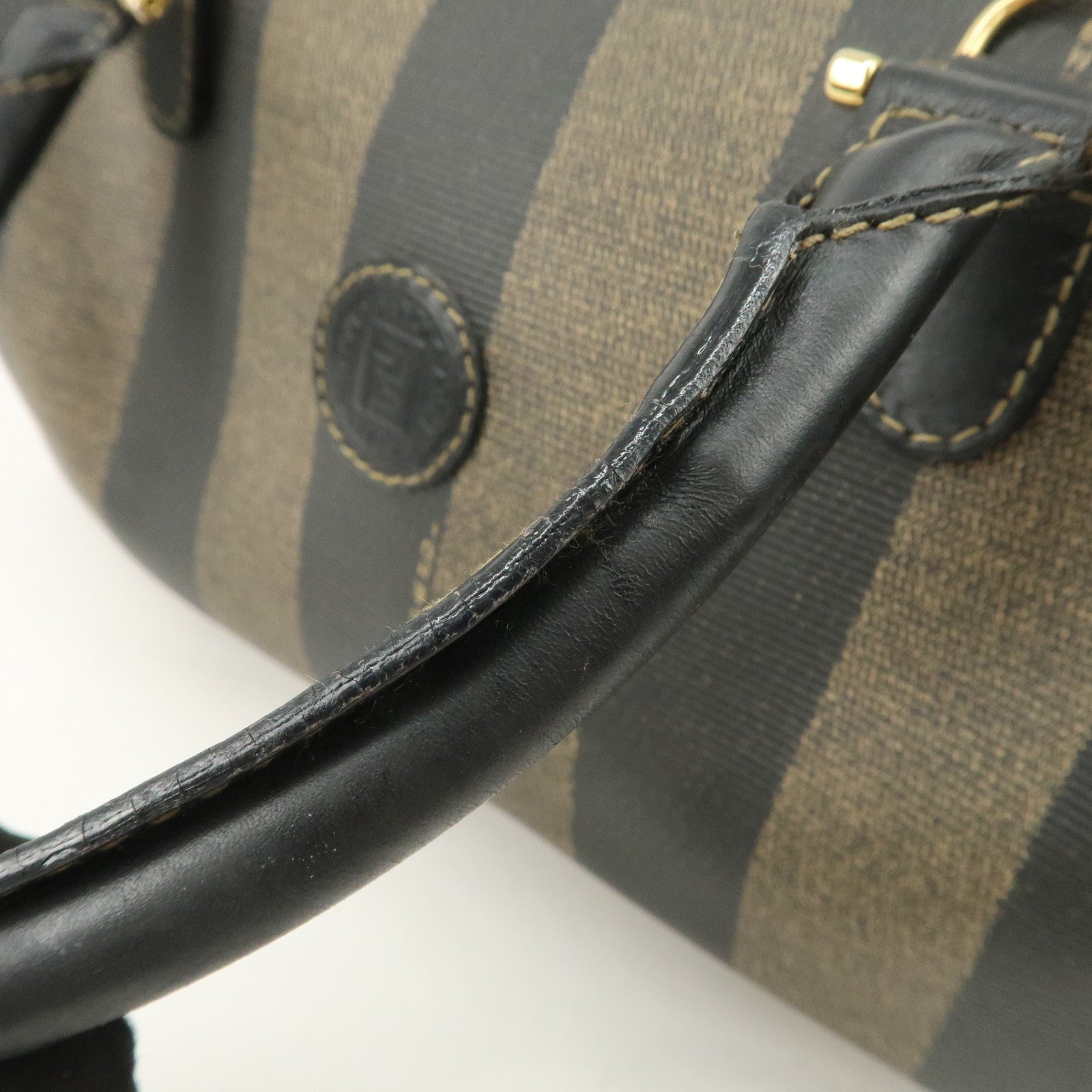 FENDI Pequin PVC Canvas Hand Bag Boston Bag Black Brown Used