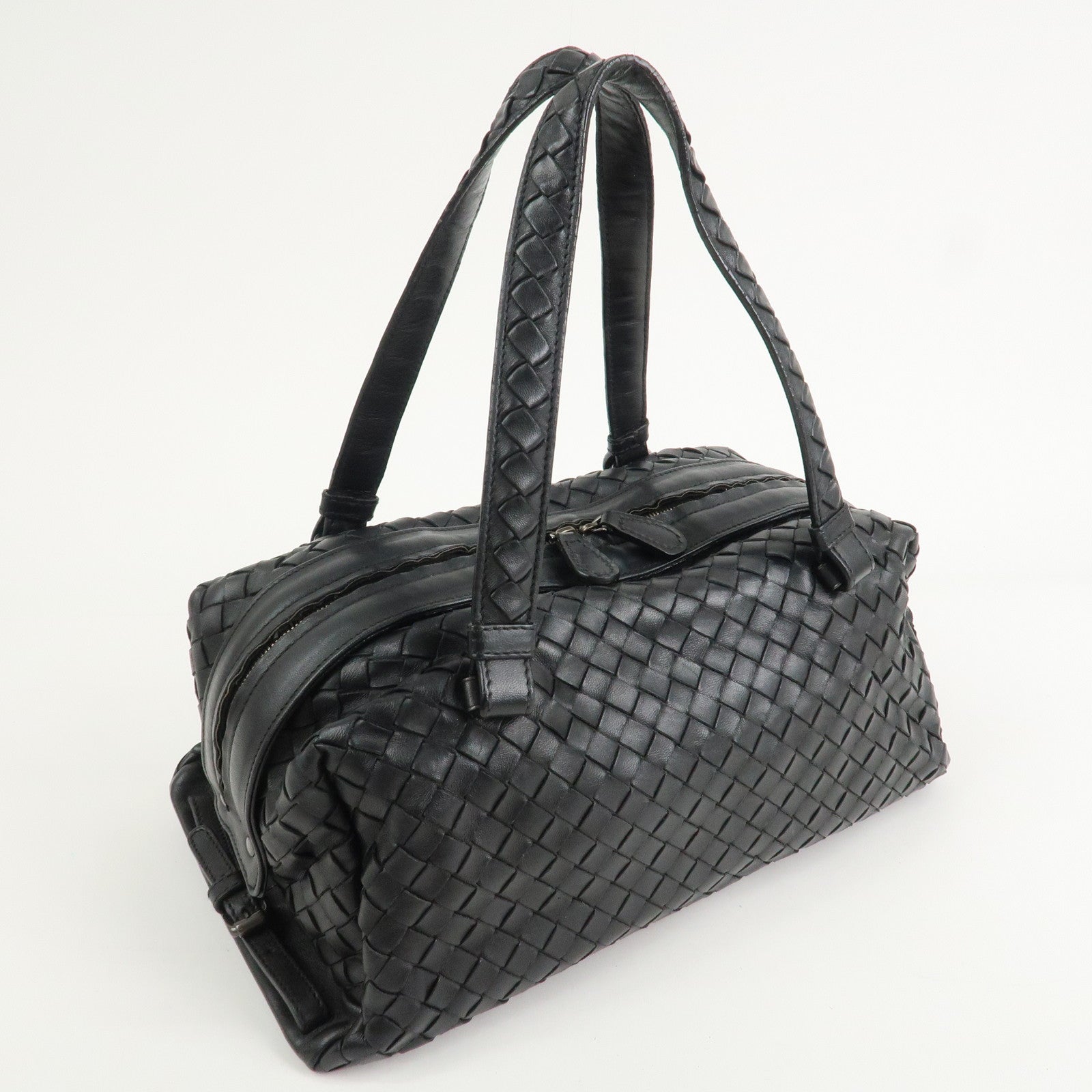 BOTTEGA VENETA Intrecciato Leather Boston Bag Hand Bag Black 145121
