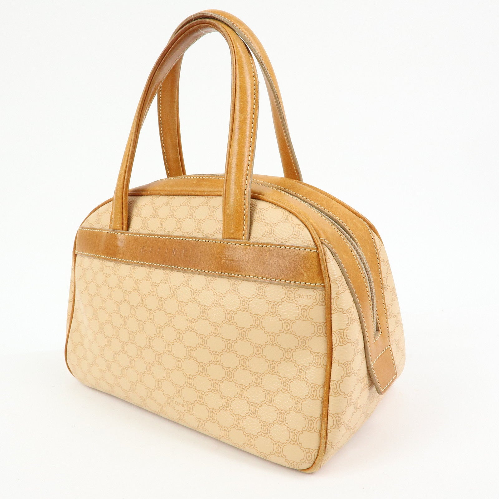 CELINE Macadam PVC Leather Hand Bag Boston Bag Beige Camel