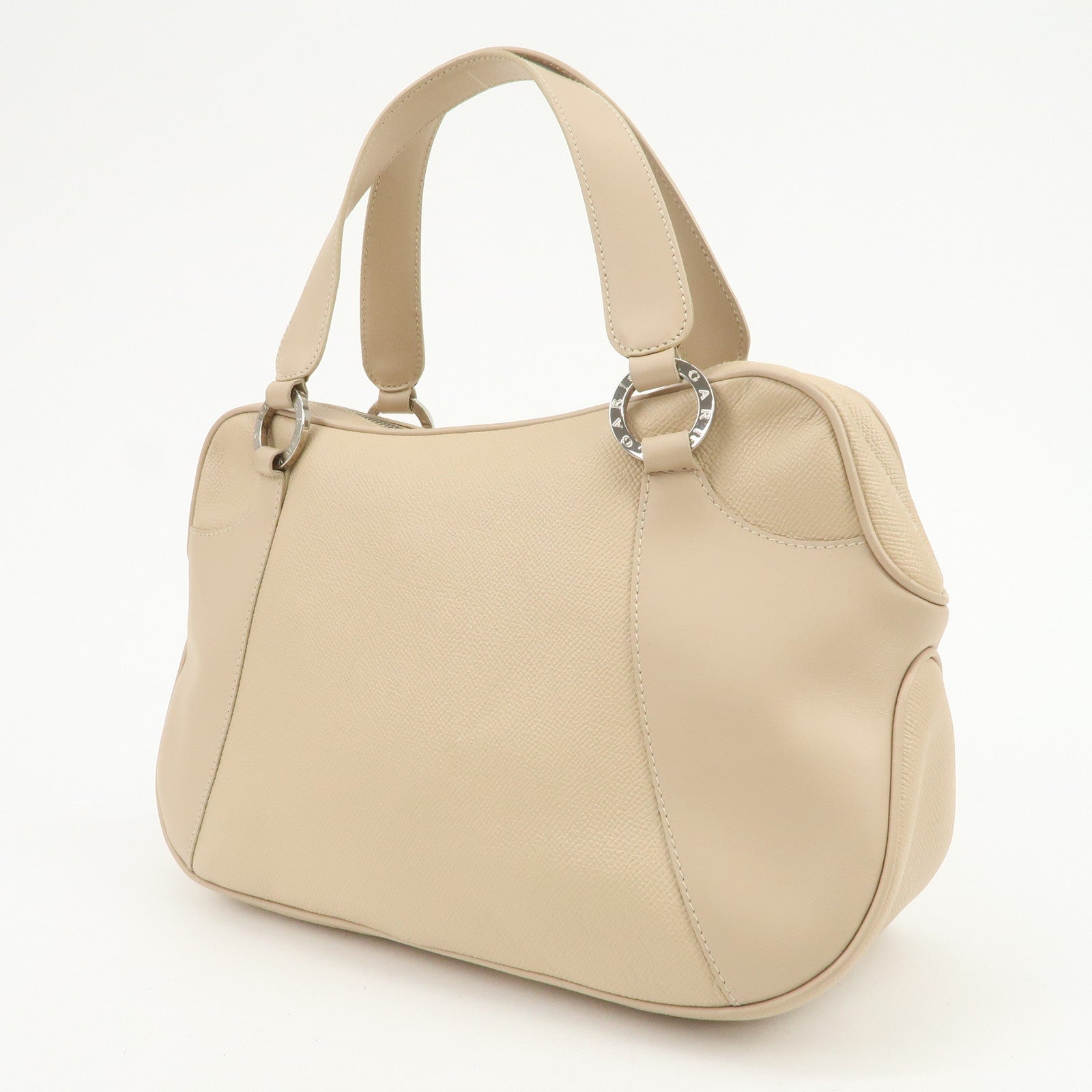 BVLGARI Logo Leather Hand Bag Shoulder Bag Beige