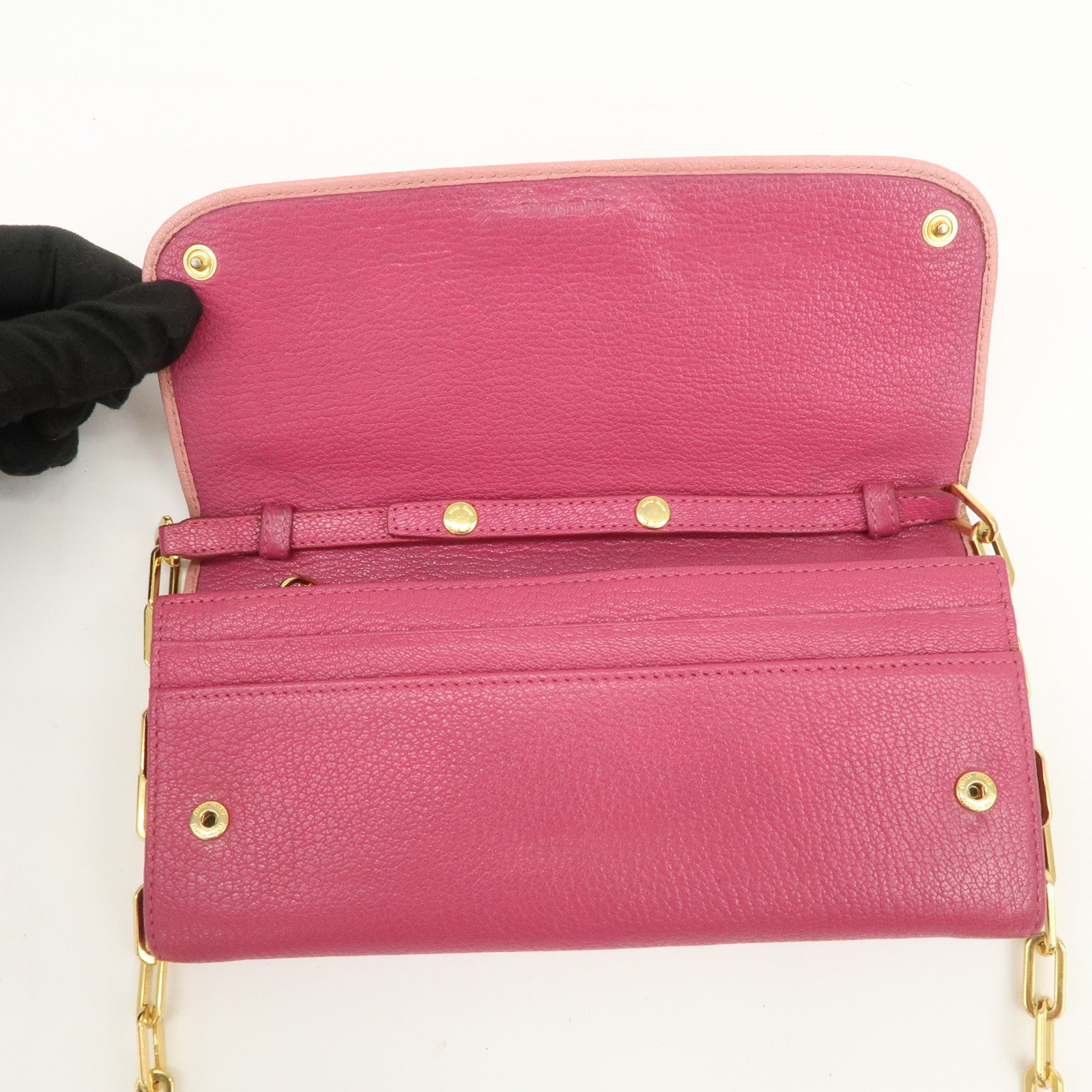 MIU MIU Logo Leather WOC Chain Shoulder Long Wallet Pink 5M1290