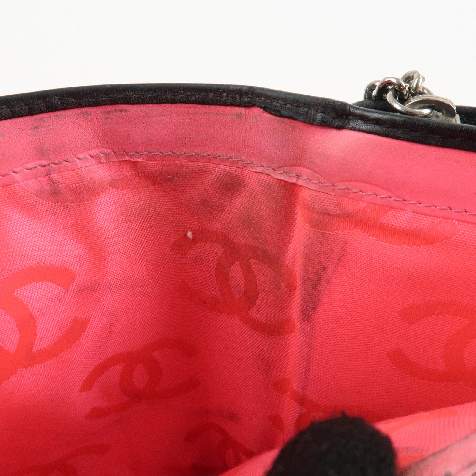 CHANEL Cambon Line COCO Mark Bifold Wallet Black Pink A50080 Used