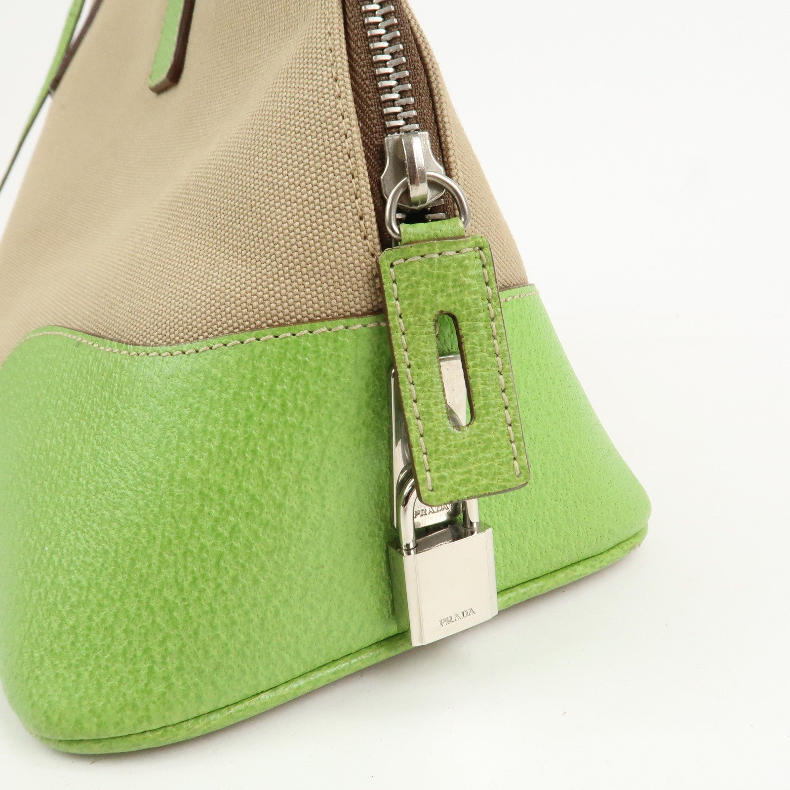 PRADA Canvas Leather Tote Bag Hand Bag Beige Light Green BN0082