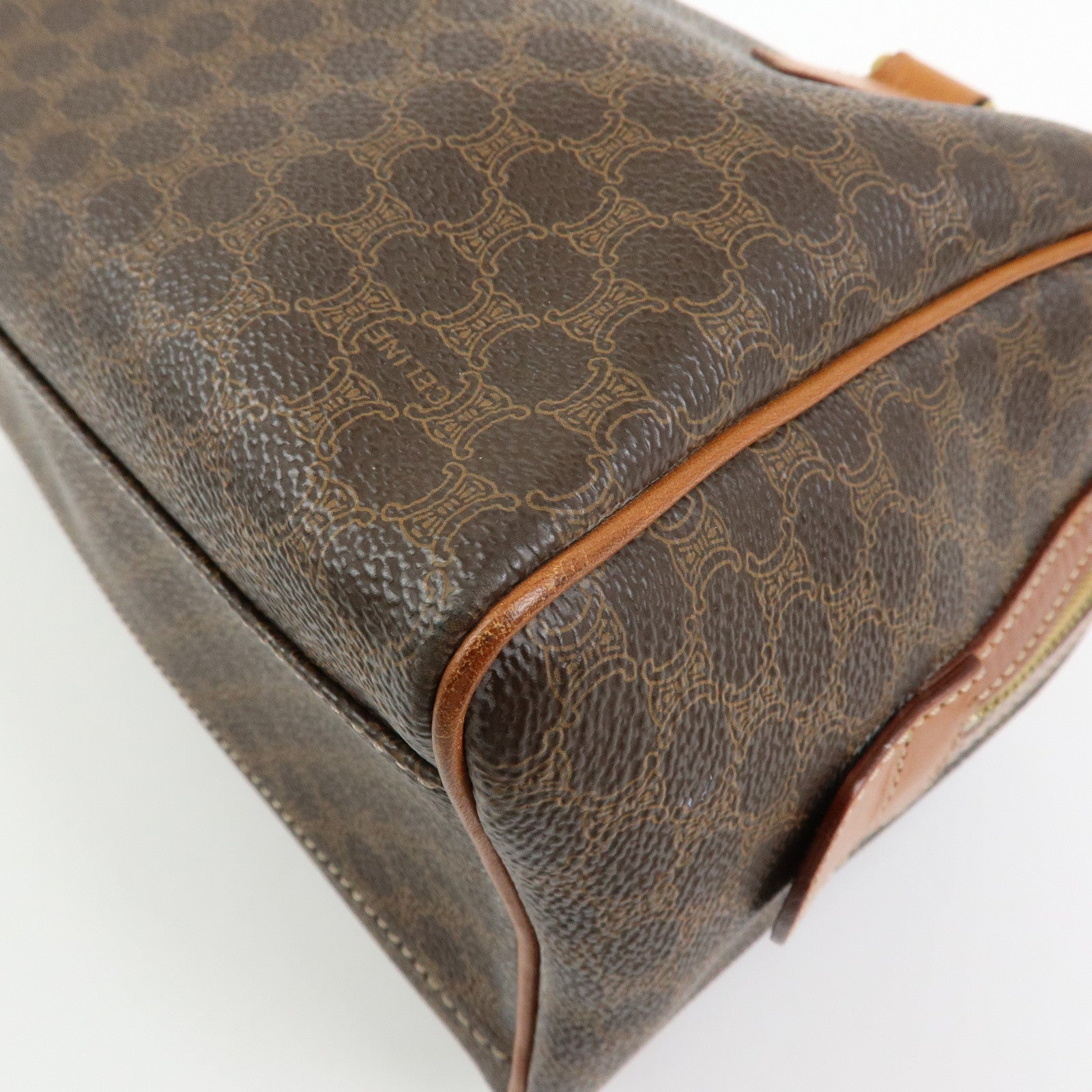 CELINE Logo Macadam PVC Leather Boston Bag Hand Bag Brown