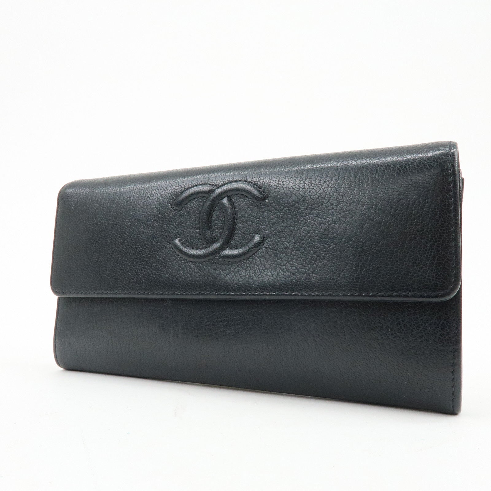 CHANEL COCO Mark Leather Flap Bi-Fold Long Wallet Black